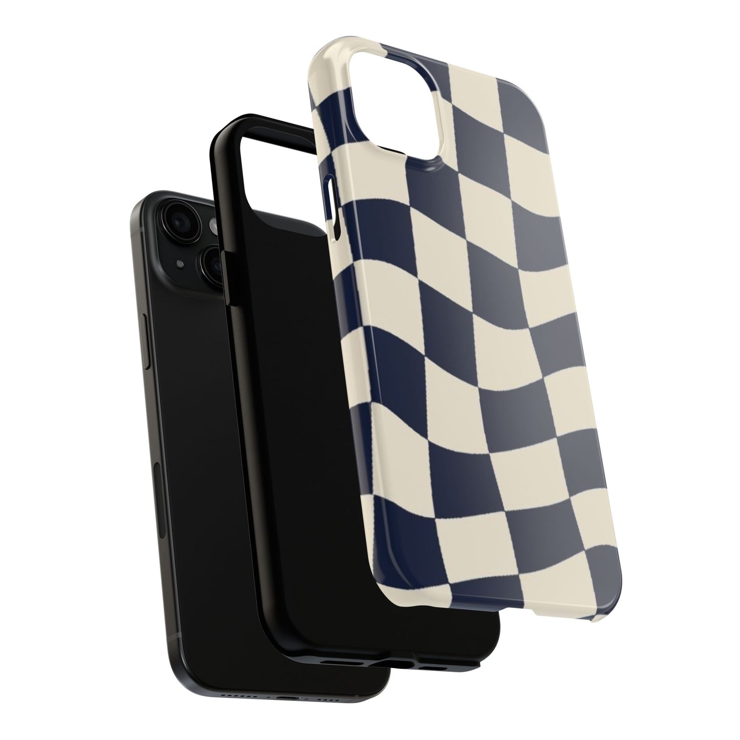 Wavy Checkerboard Tough Phone Case — Navy & Cream Protective Cover