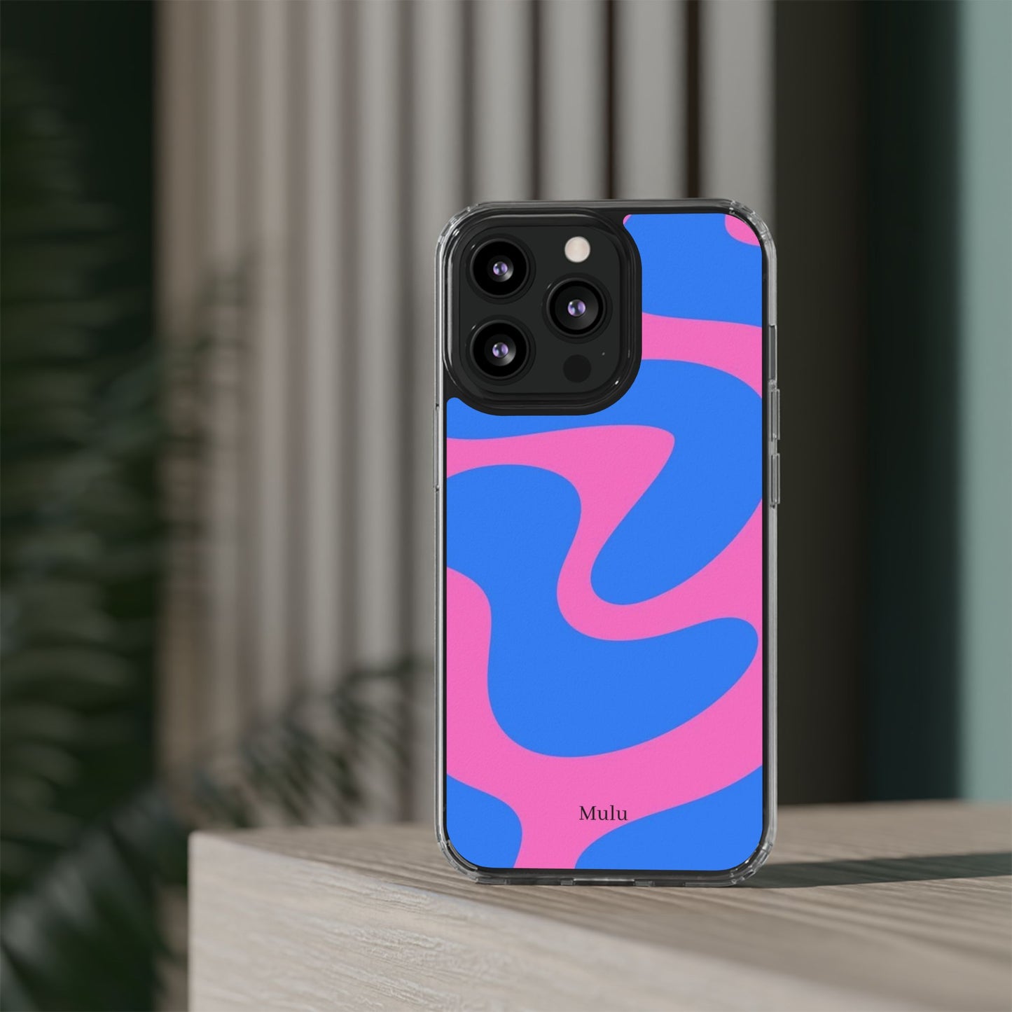 Clear Impact-Resistant Phone Case — Retro Blue & Pink Abstract Swirl