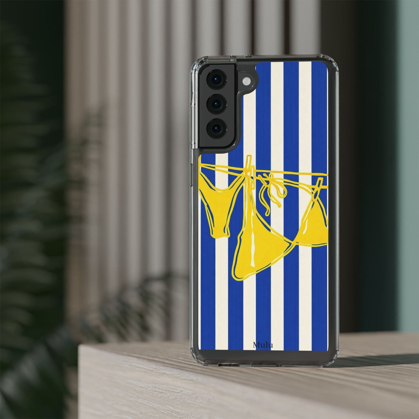 Striped Beach Bikini Phone Case — Yellow Swimwear on Blue & White Stripes, Clear Impact-Resistant