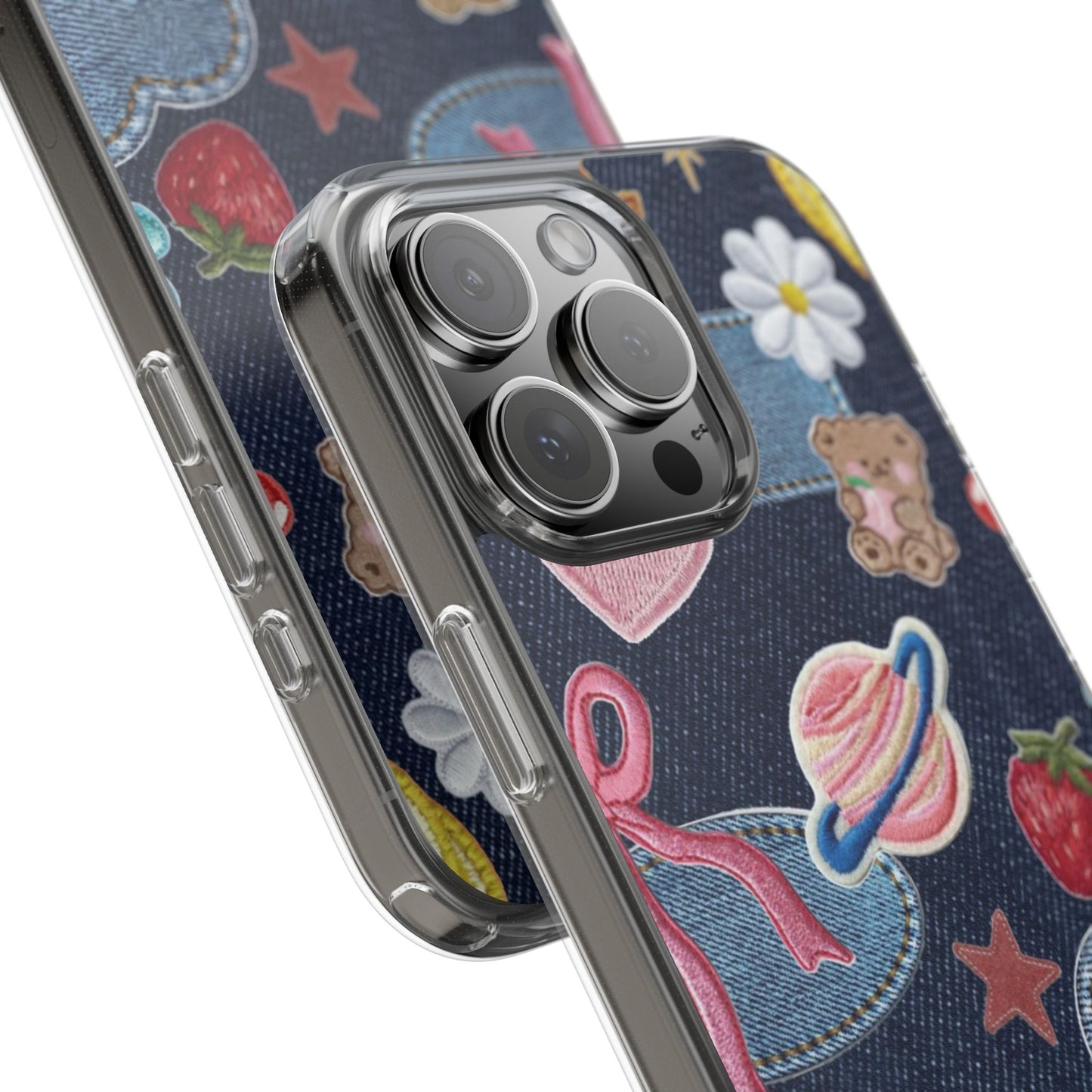 Clear Impact-Resistant Phone Case — Cute Denim Patch Collage (Teddy, Strawberry, Planet)