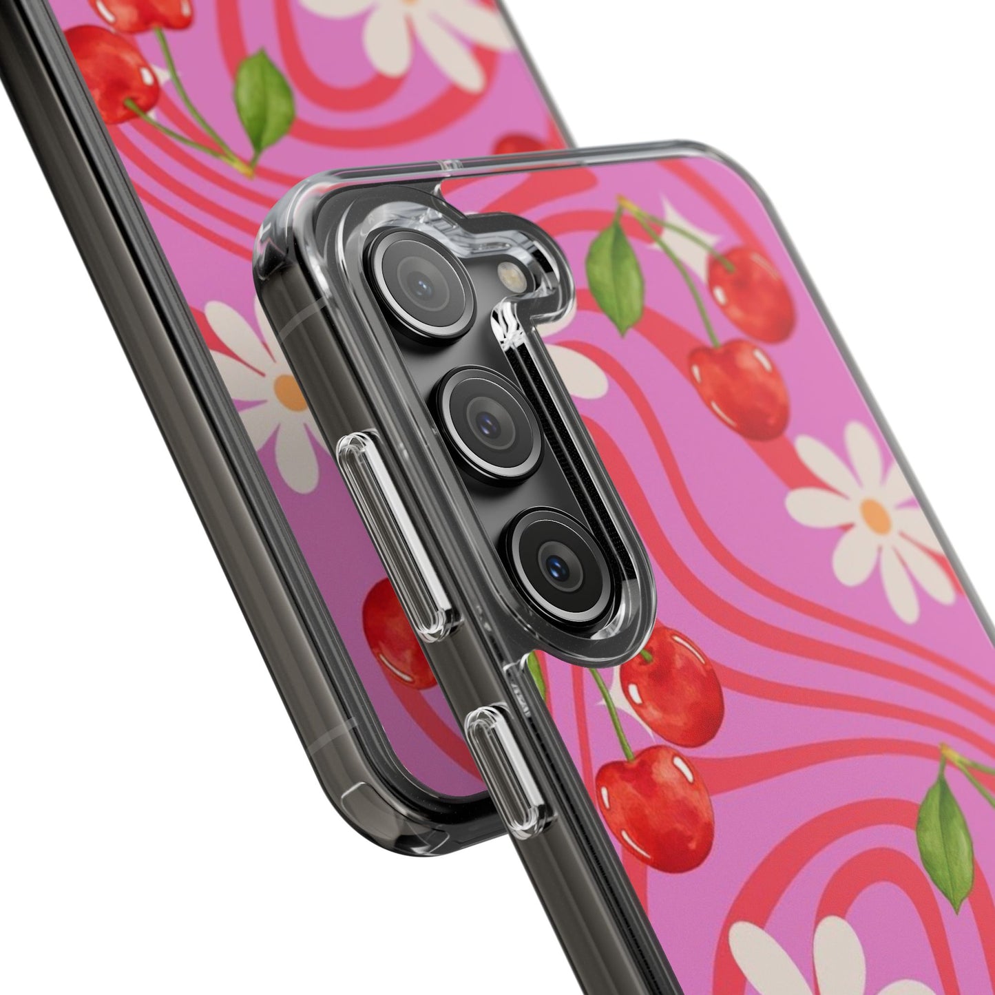 Clear Impact Phone Case — Retro Cherry & Daisy Floral Design
