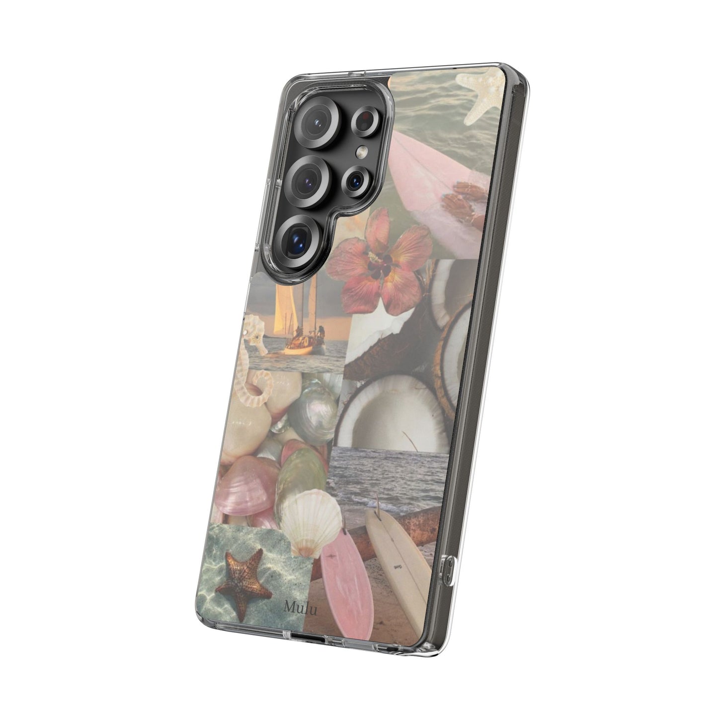 Clear Phone Case — Coastal Collage Shells & Surf Design
