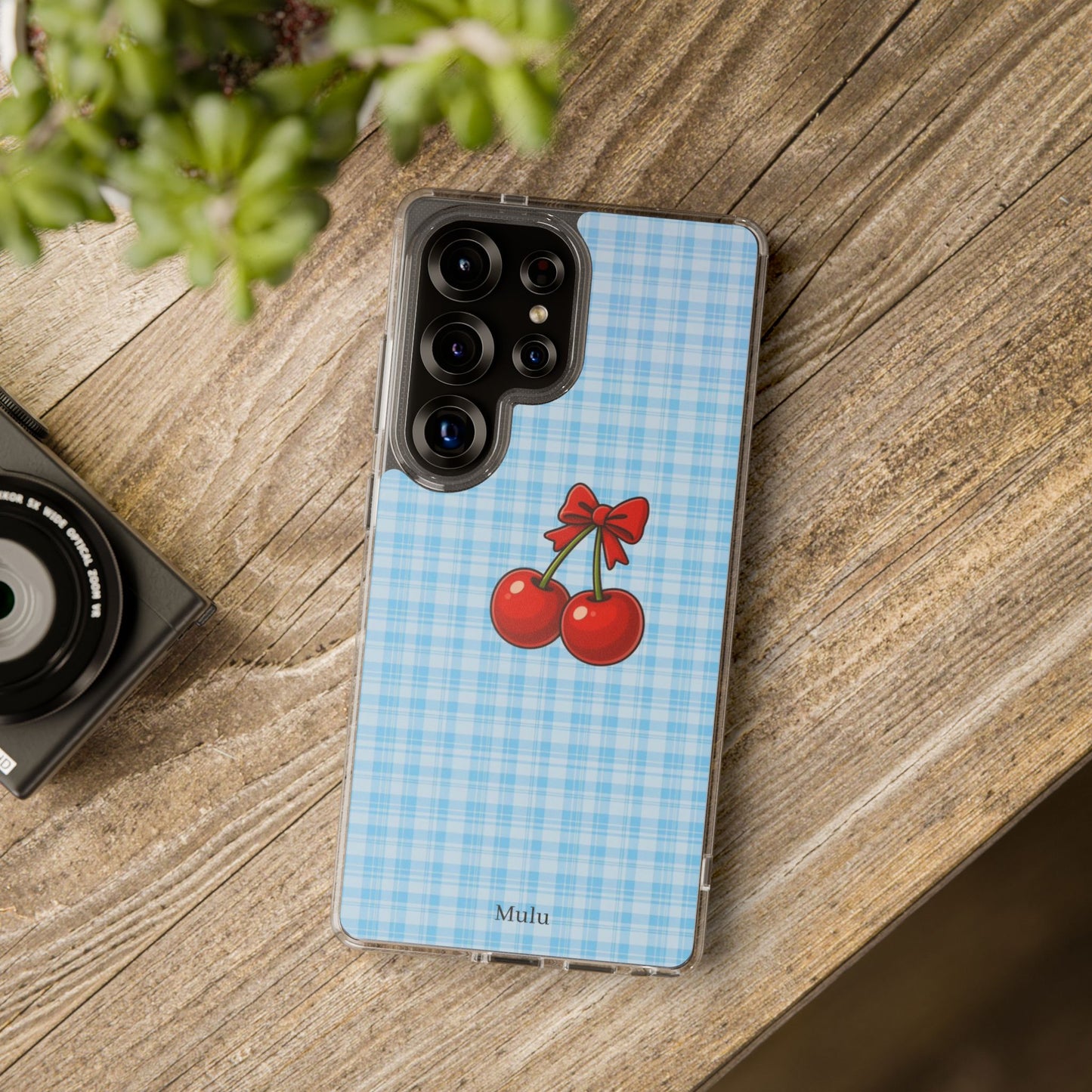Clear Cherry Gingham Phone Case — Impact-Resistant Clear Case with Red Cherry Design