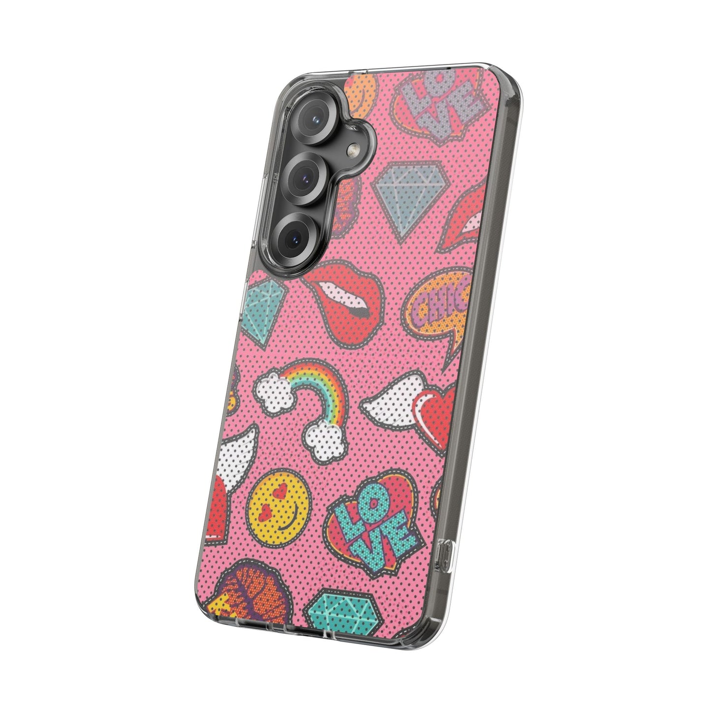 Clear Impact-Resistant Phone Case — Pink Pop Sticker Pattern (Hearts, Rainbows, Smileys)