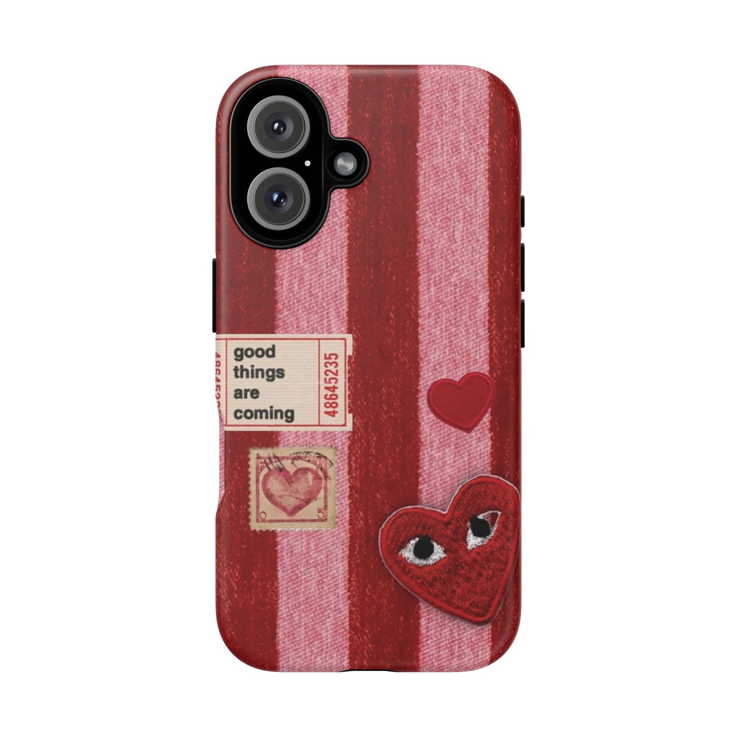Phone Case — Red Striped Heart Design with “Good Things Are Coming”