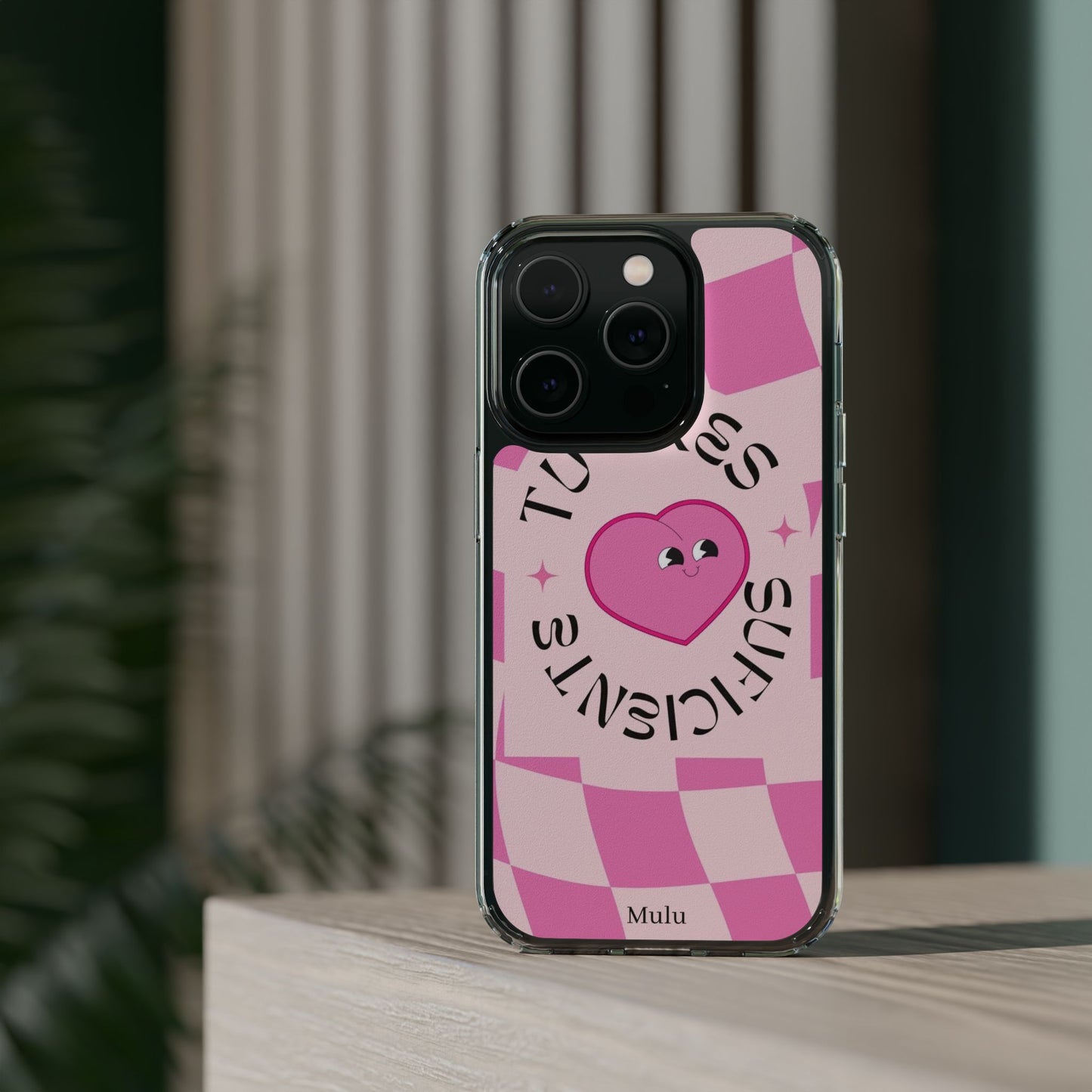 Clear Impact-Resistant Phone Case — Pink Checkerheart “Tu Eres Suficiente” Design