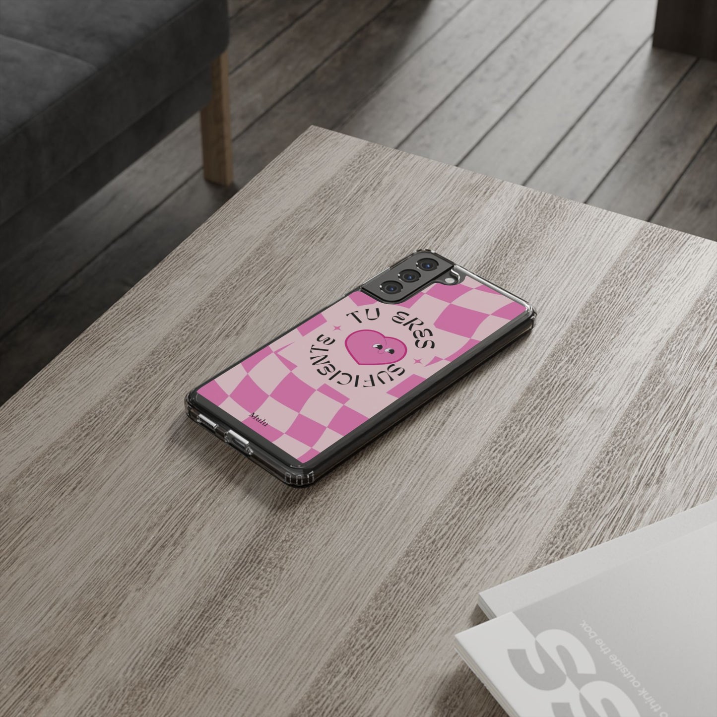 Clear Impact-Resistant Phone Case — Pink Checkerheart “Tu Eres Suficiente” Design