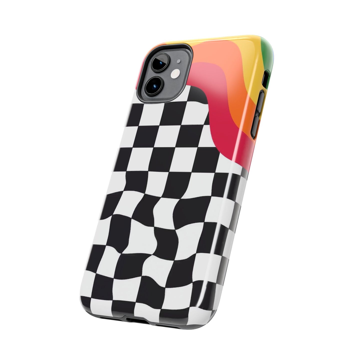 Retro Wavy Checkerboard Tough Phone Case — Rainbow Surf Skate Design