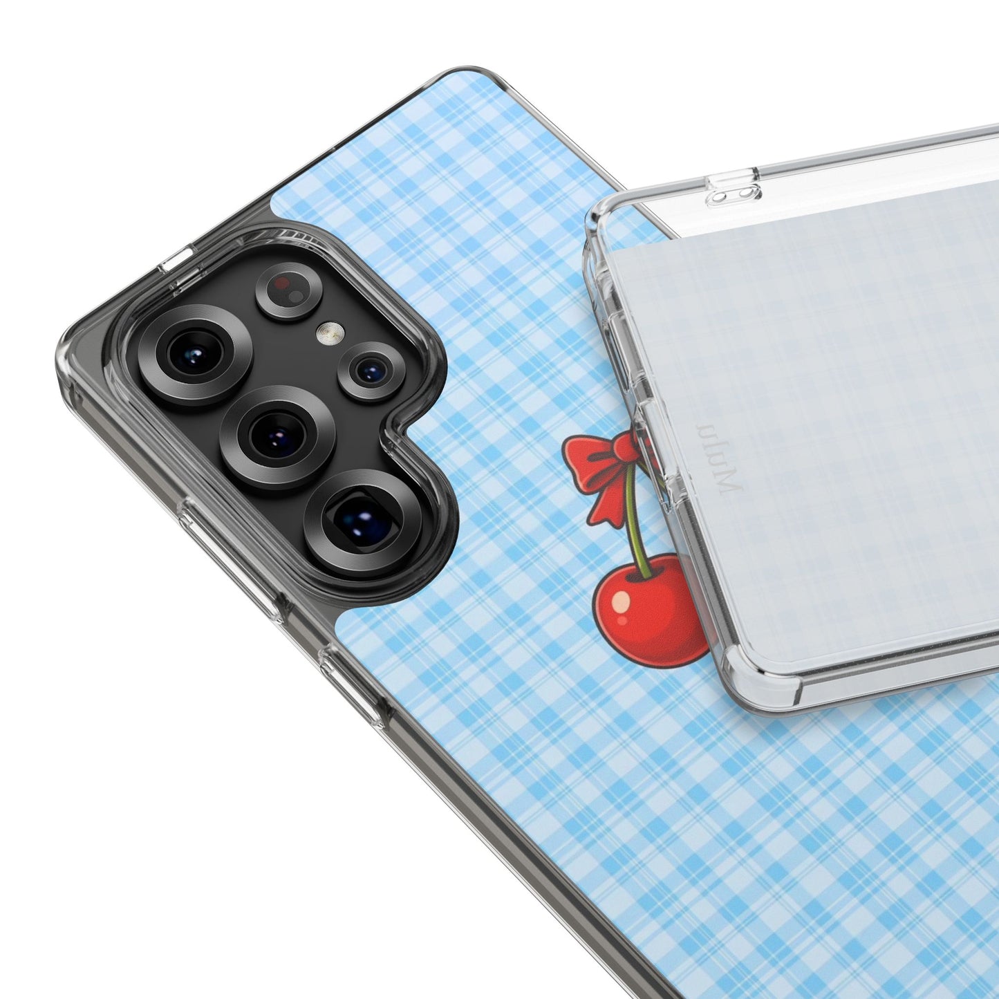 Clear Cherry Gingham Phone Case — Impact-Resistant Clear Case with Red Cherry Design