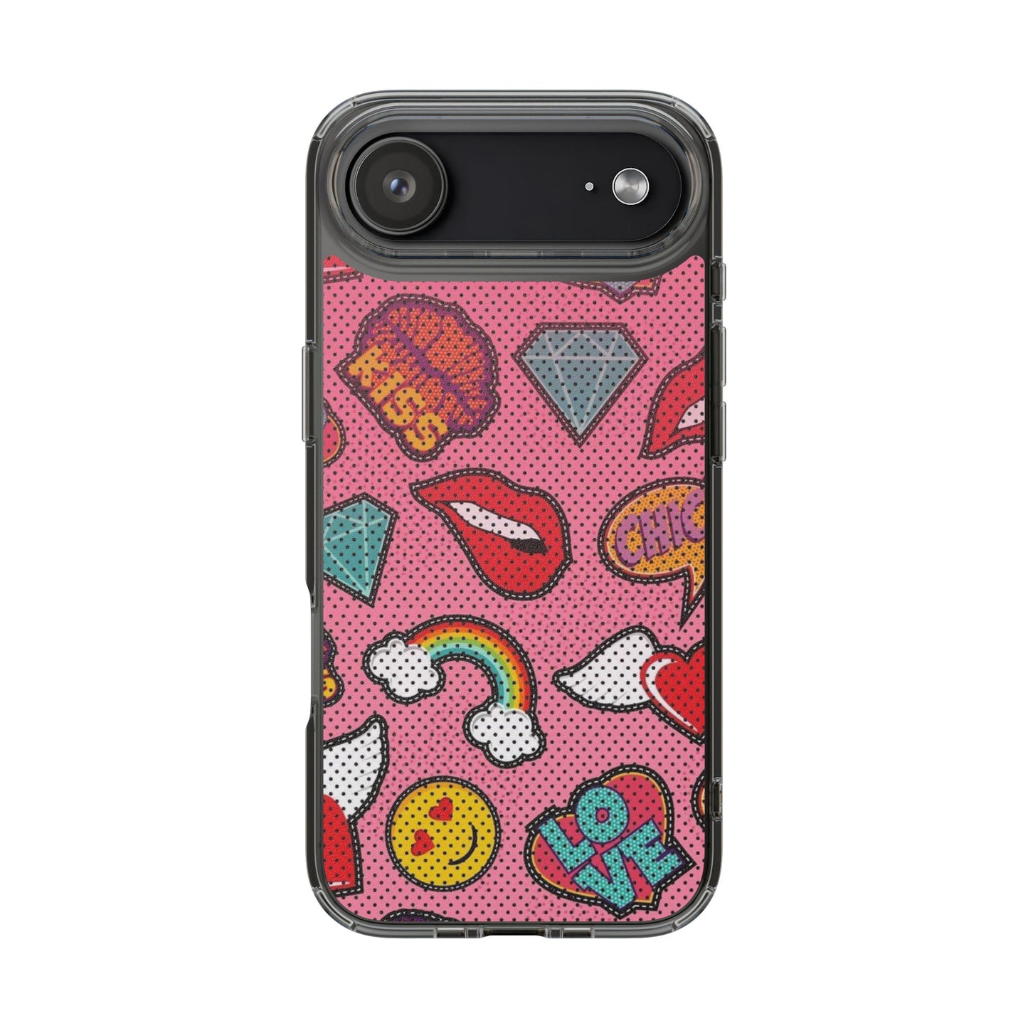 Clear Impact-Resistant Phone Case — Pink Pop Sticker Pattern (Hearts, Rainbows, Smileys)