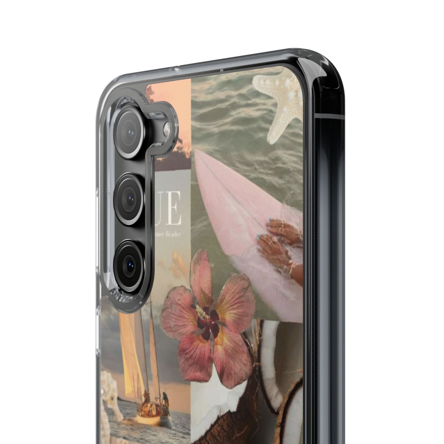 Clear Phone Case — Coastal Collage Shells & Surf Design