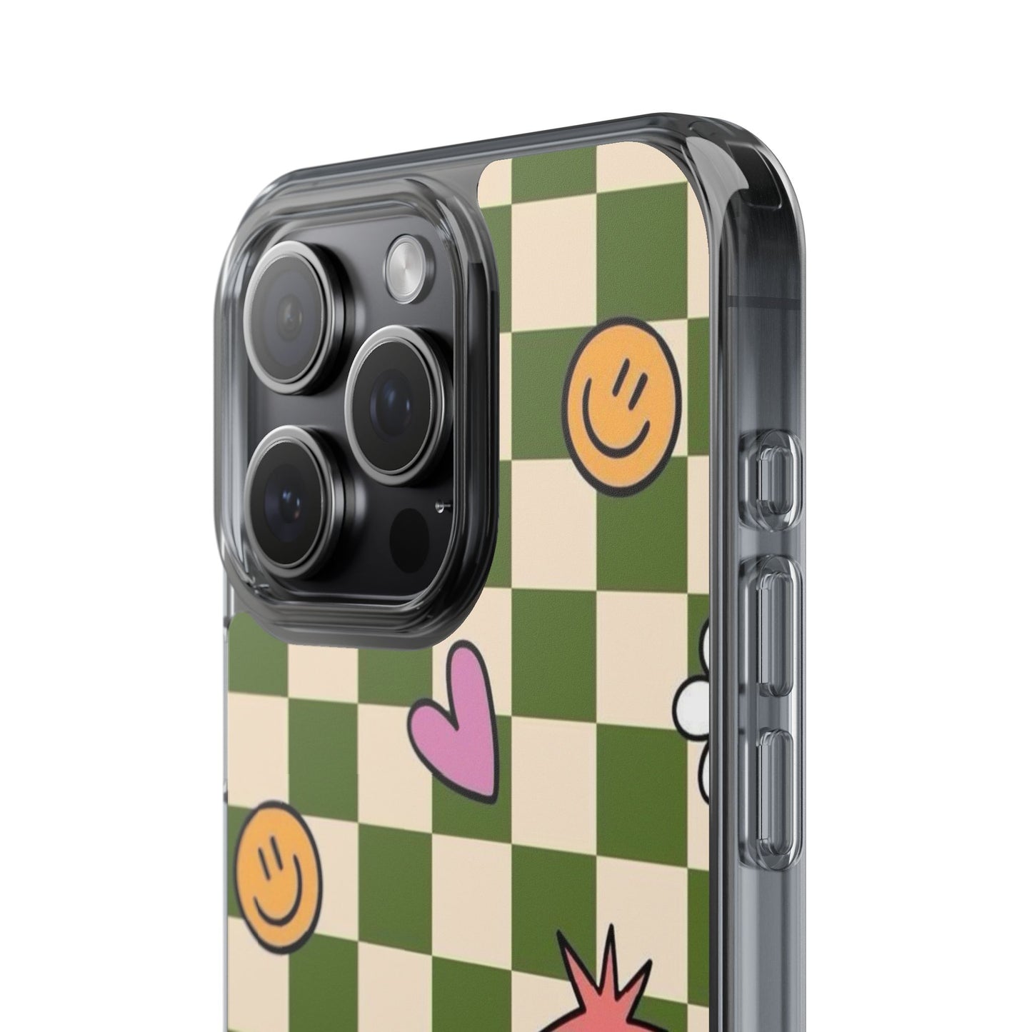 Clear Impact-Resistant Case — Retro Green Checkerboard with Smiley, Hearts & Flowers