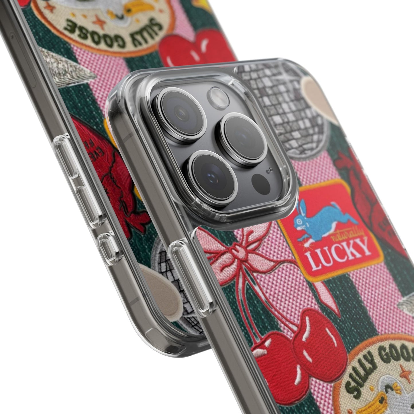 Clear Impact-Resistant Phone Case — Retro Patchwork Stickers (Lucky, Cherries, Silly Goose)