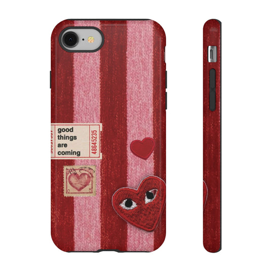 Phone Case — Red Striped Heart Design with “Good Things Are Coming”