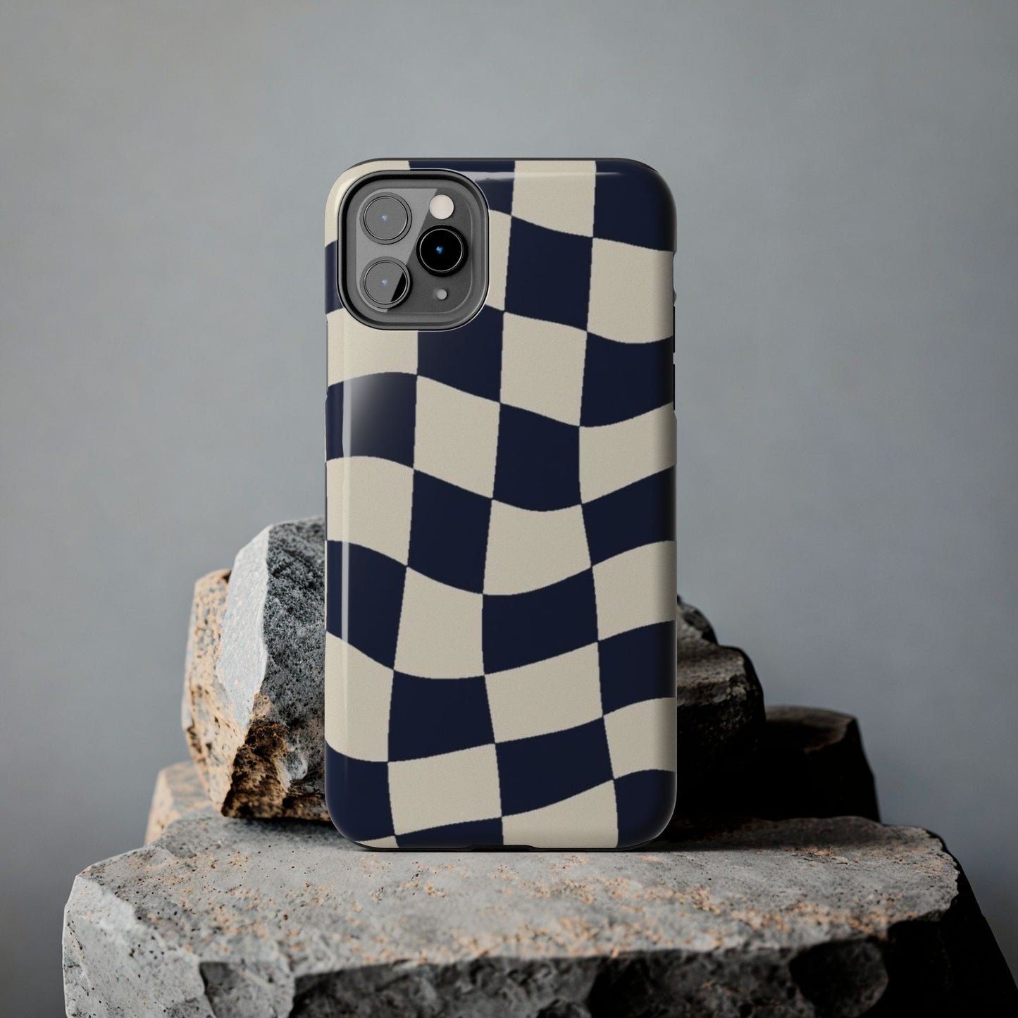 Wavy Checkerboard Tough Phone Case — Navy & Cream Protective Cover