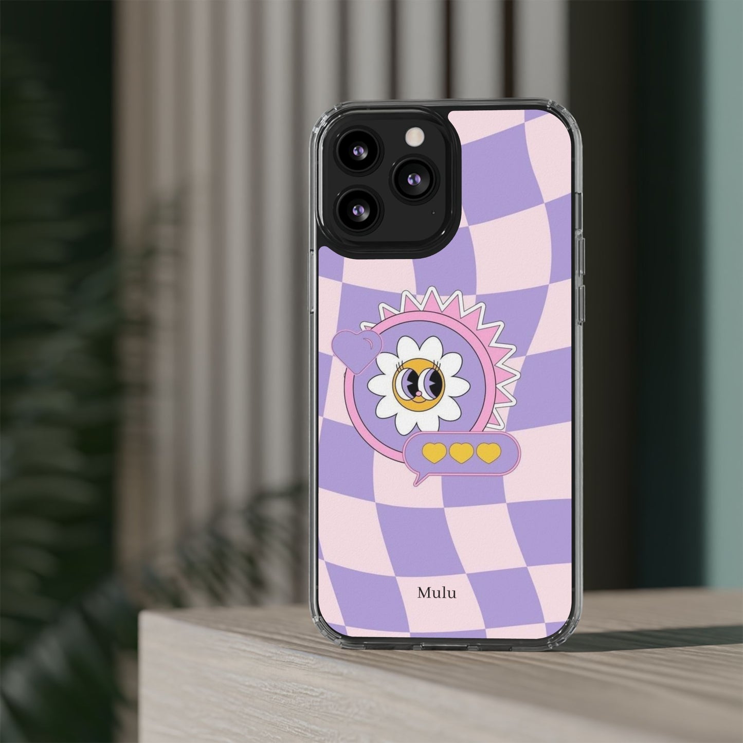 Clear Impact-Resistant Case — Cute Purple Checkerboard Dino with 'Mulu'