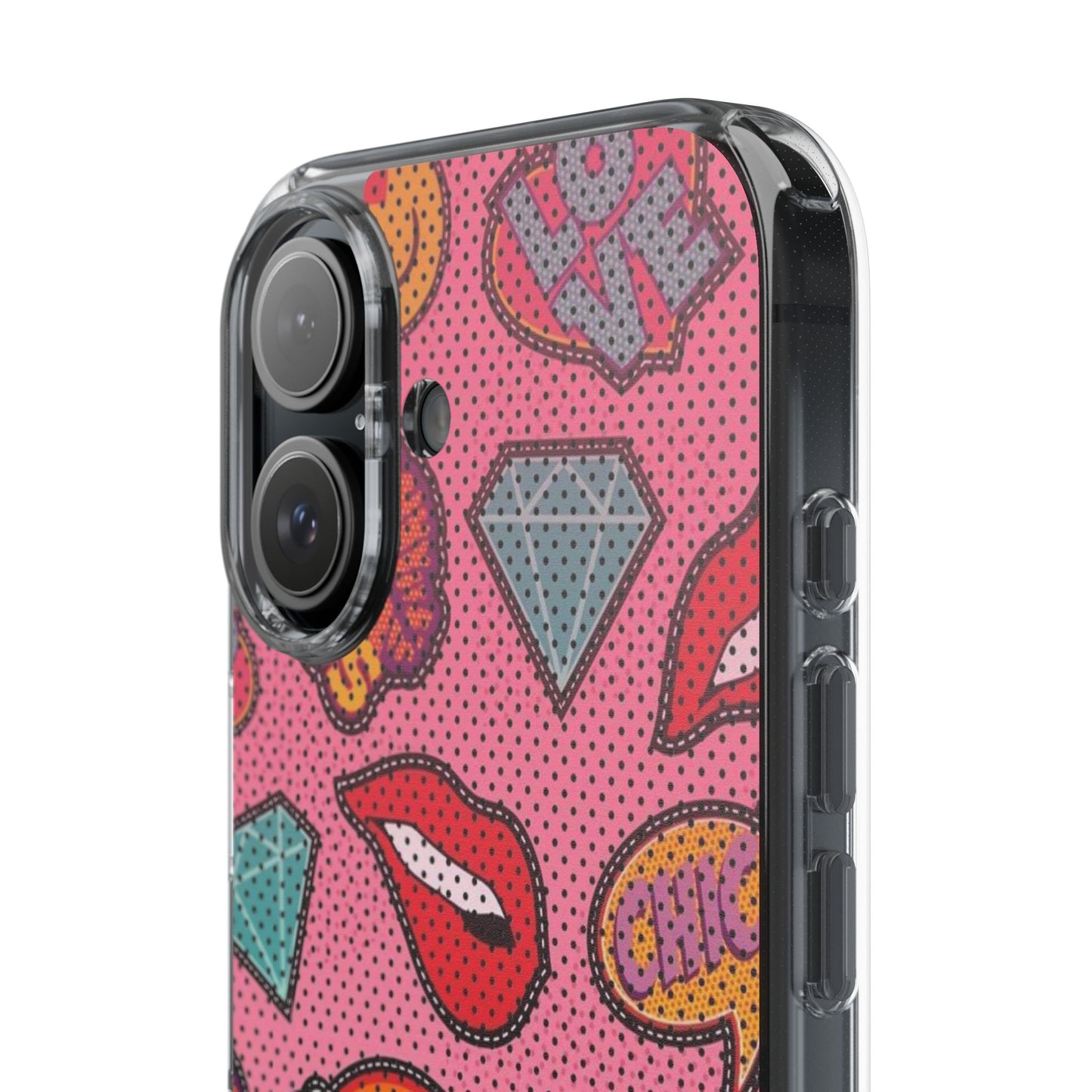 Clear Impact-Resistant Phone Case — Pink Pop Sticker Pattern (Hearts, Rainbows, Smileys)