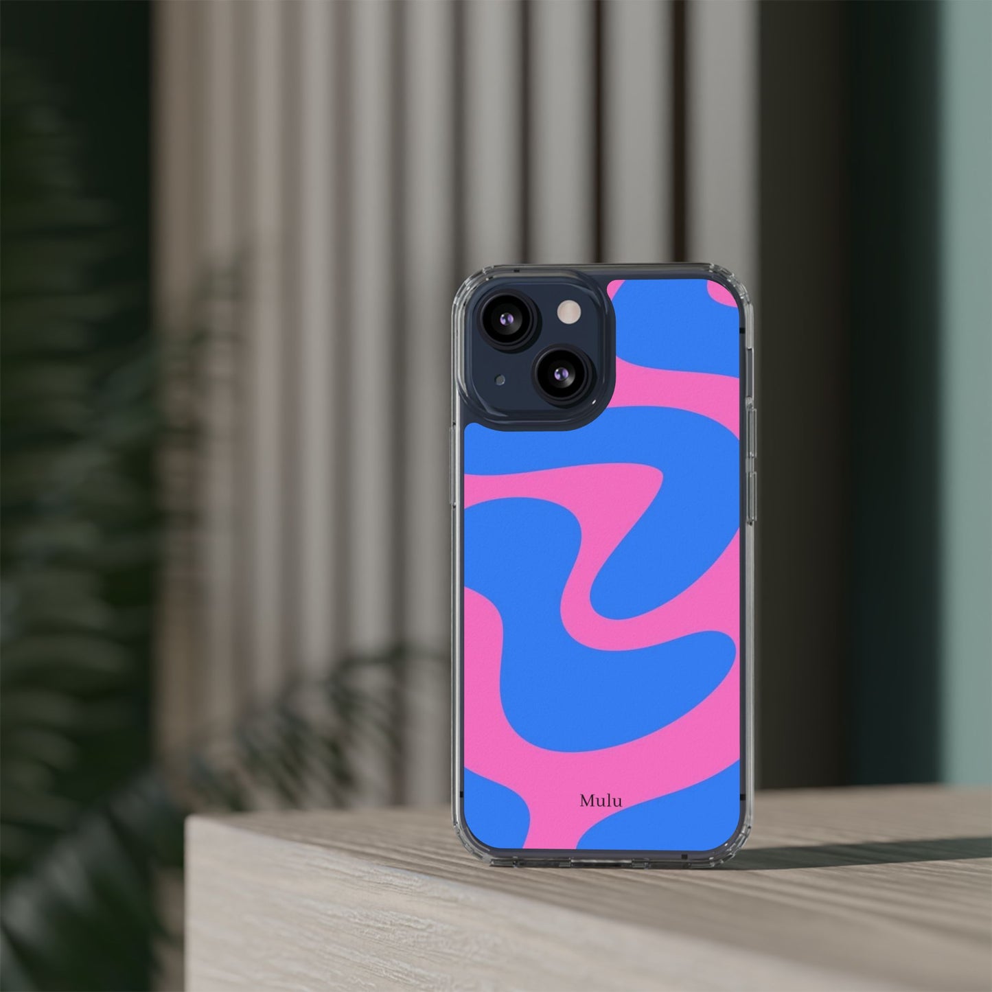Clear Impact-Resistant Phone Case — Retro Blue & Pink Abstract Swirl