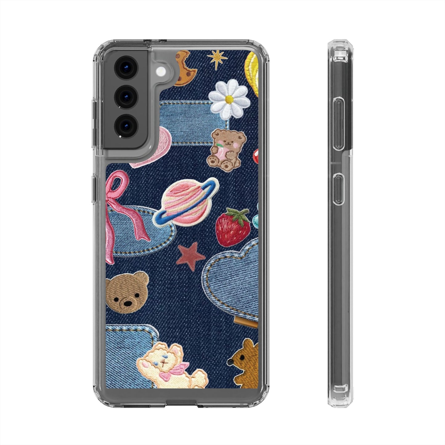 Clear Impact-Resistant Phone Case — Cute Denim Patch Collage (Teddy, Strawberry, Planet)
