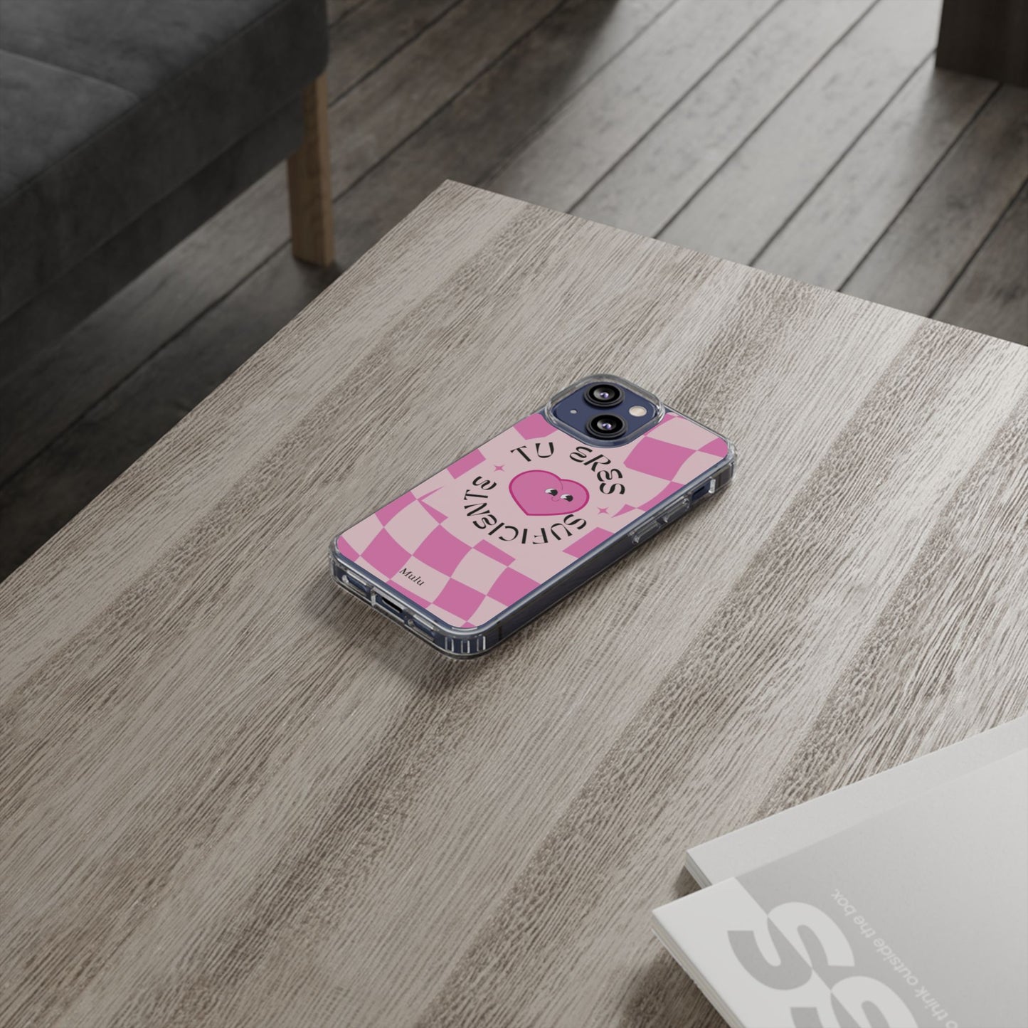 Clear Impact-Resistant Phone Case — Pink Checkerheart “Tu Eres Suficiente” Design