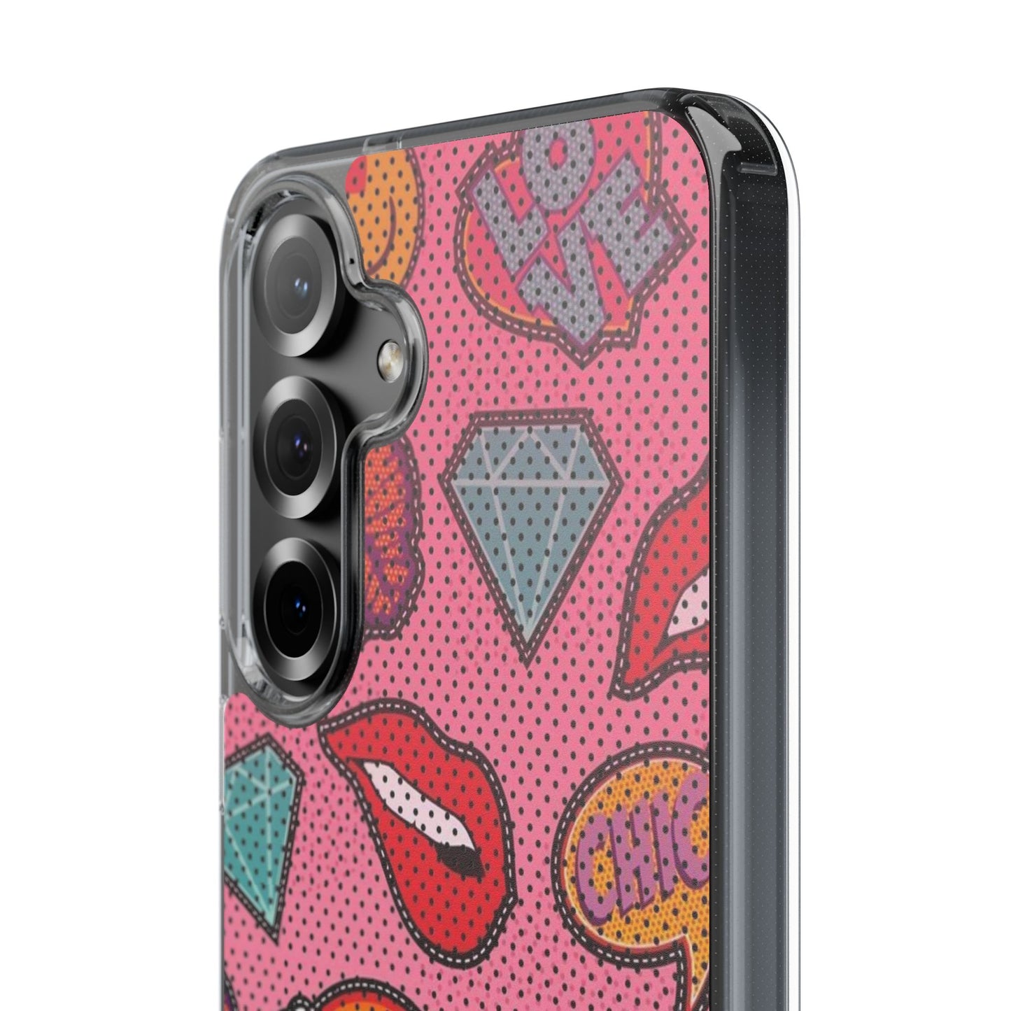 Clear Impact-Resistant Phone Case — Pink Pop Sticker Pattern (Hearts, Rainbows, Smileys)