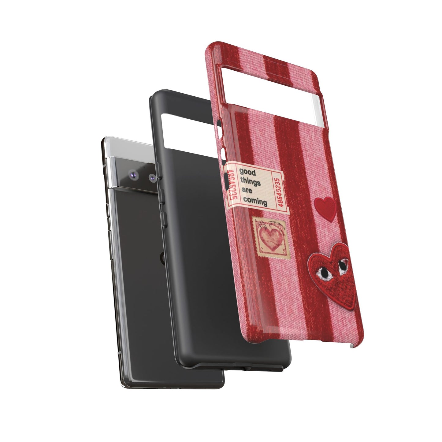 Phone Case — Red Striped Heart Design with “Good Things Are Coming”