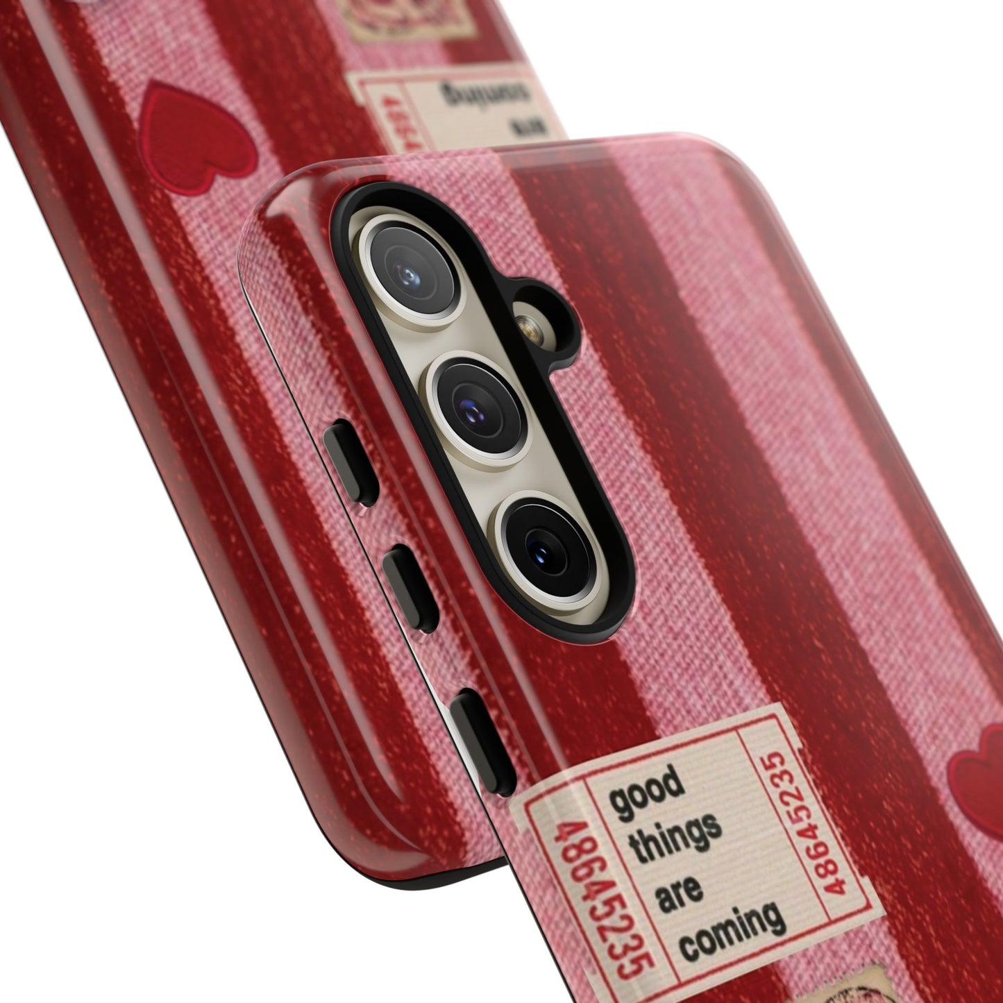 Phone Case — Red Striped Heart Design with “Good Things Are Coming”