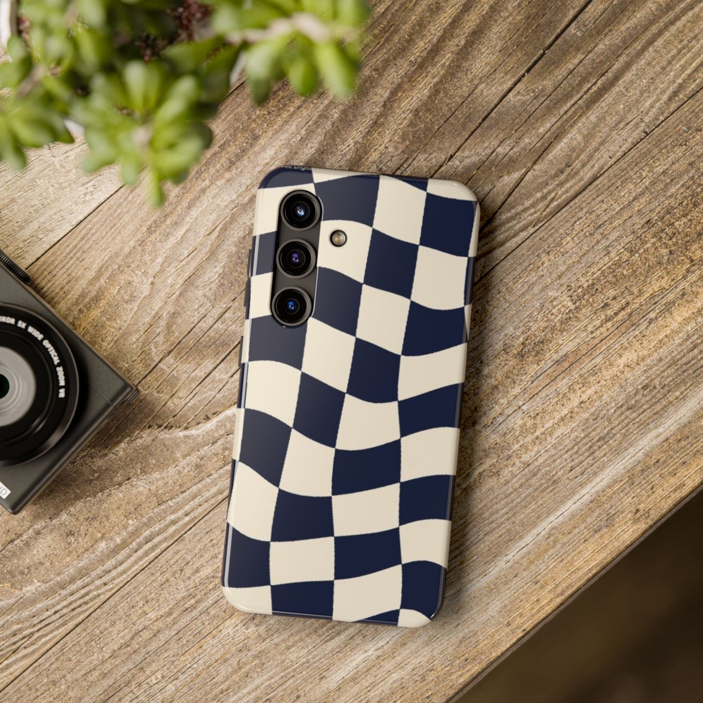 Wavy Checkerboard Tough Phone Case — Navy & Cream Protective Cover