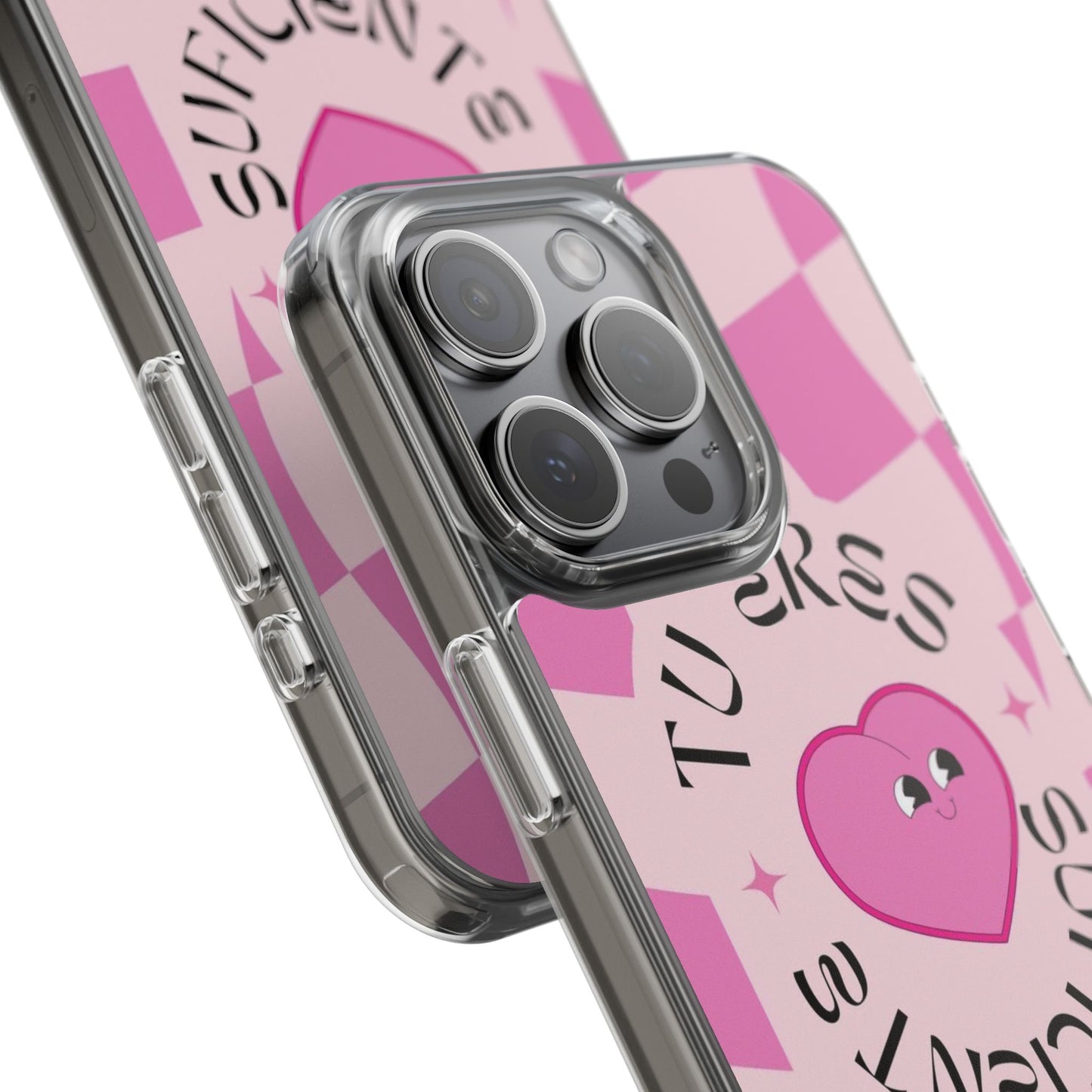 Clear Impact-Resistant Phone Case — Pink Checkerheart “Tu Eres Suficiente” Design