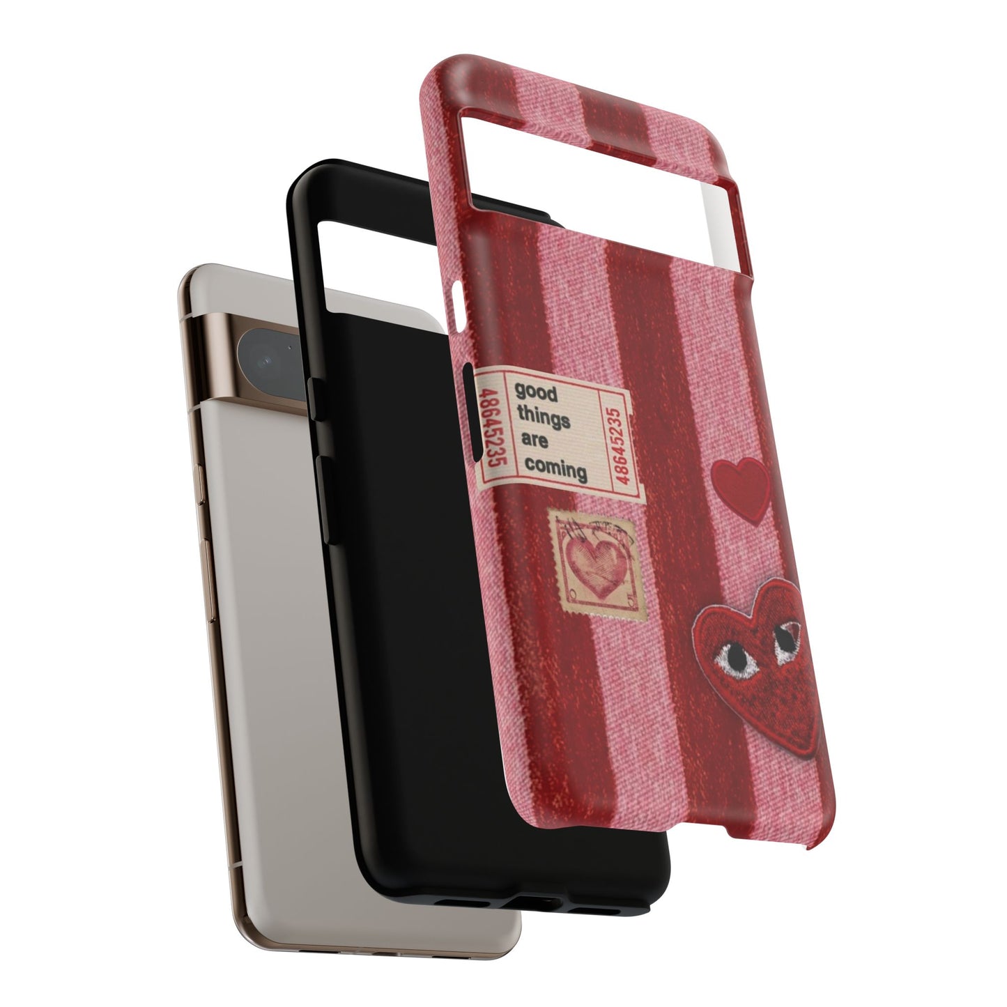 Phone Case — Red Striped Heart Design with “Good Things Are Coming”