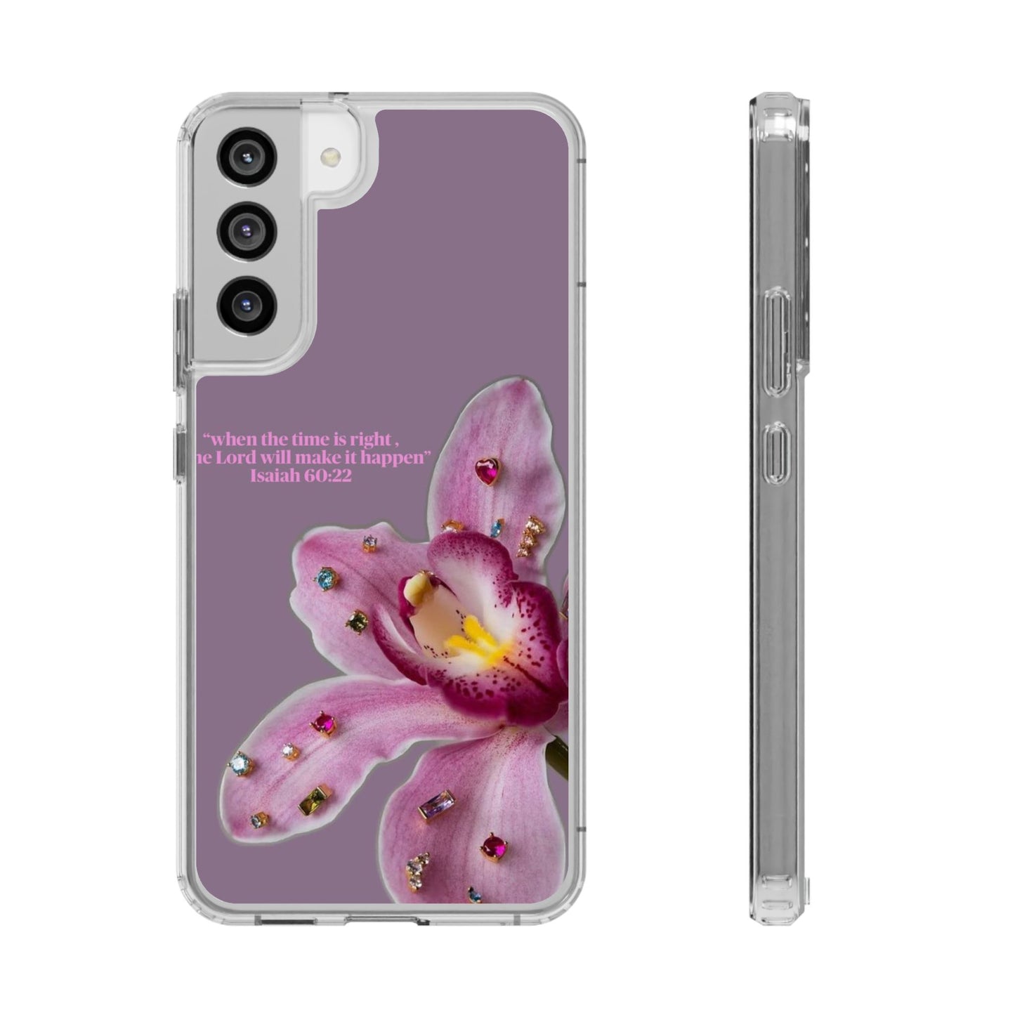Clear Floral Impact-Resistant Phone Case — "When the time is right" Rose Orchid Design