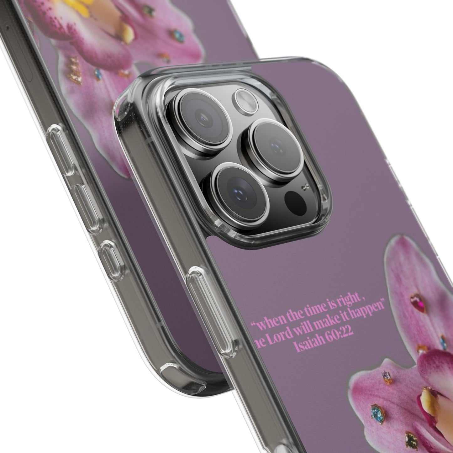 Clear Floral Impact-Resistant Phone Case — "When the time is right" Rose Orchid Design