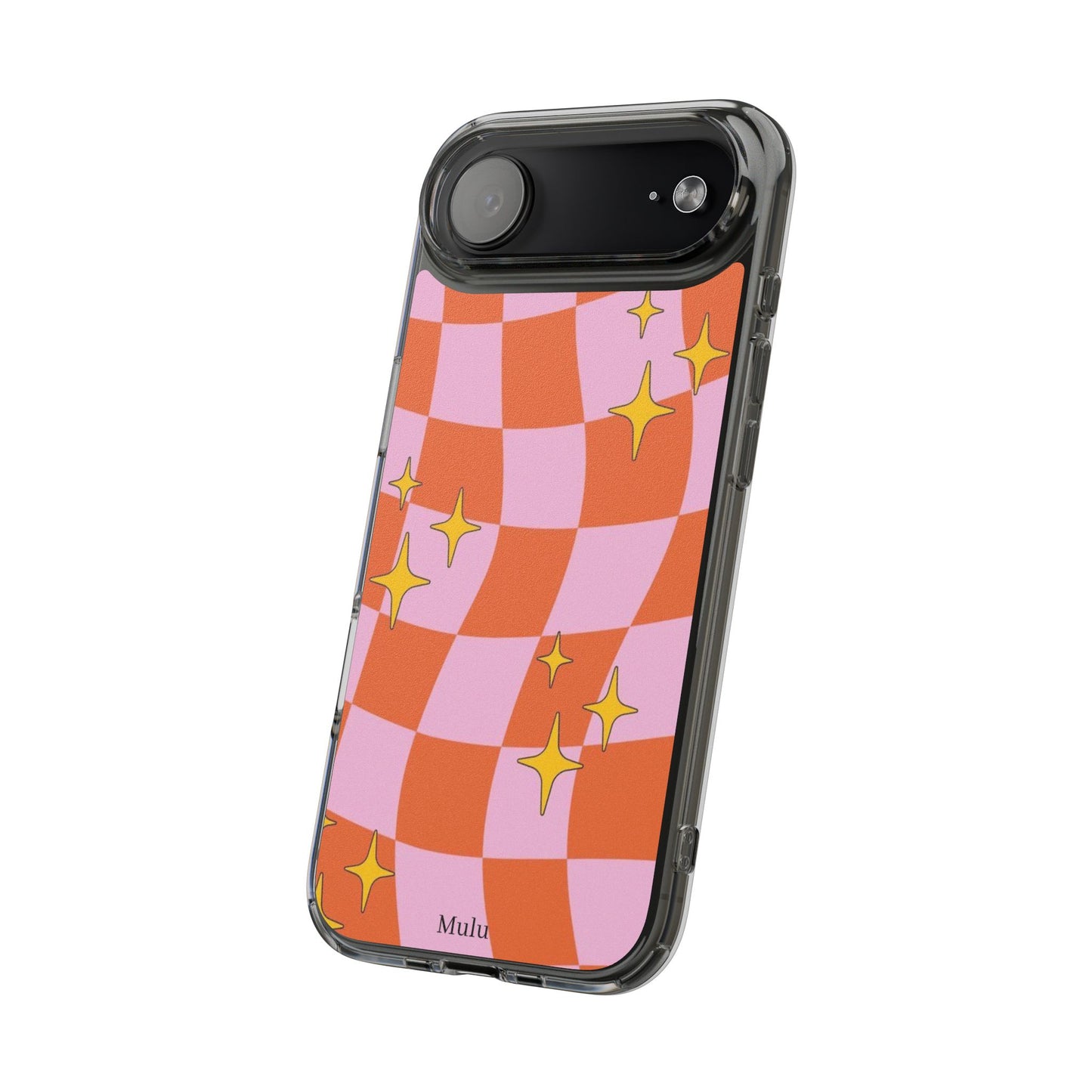 Clear Impact-Resistant Case — Retro Pink & Orange Checker with Sparkle Stars