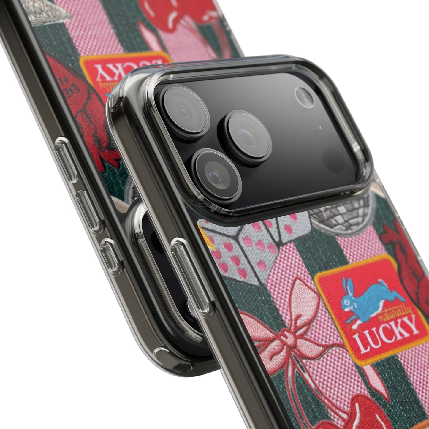 Clear Impact-Resistant Phone Case — Retro Patchwork Stickers (Lucky, Cherries, Silly Goose)