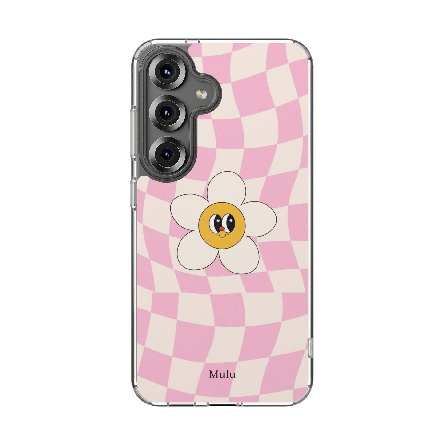 Clear Impact-Resistant Phone Case — Pink Checkerboard Daisy Design