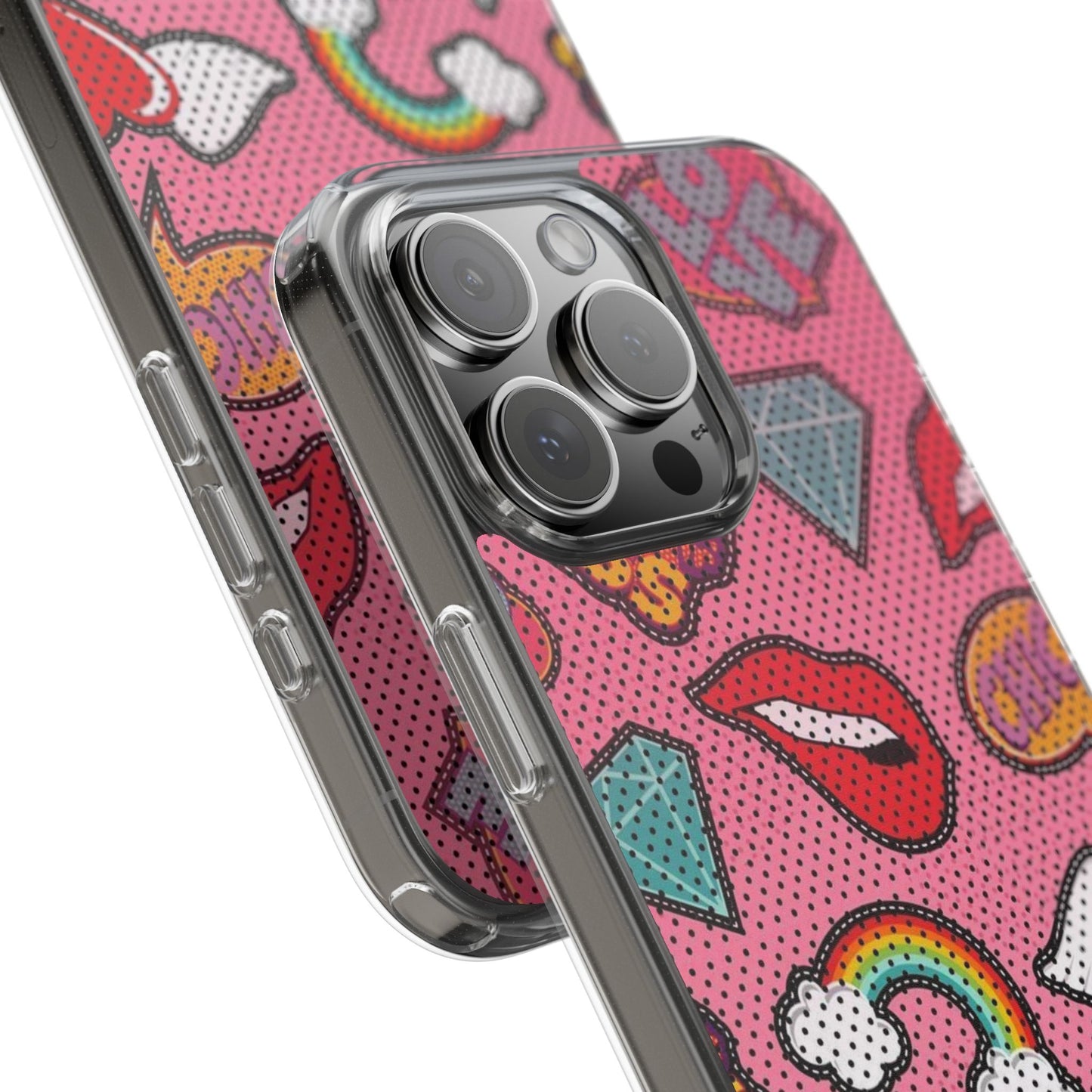 Clear Impact-Resistant Phone Case — Pink Pop Sticker Pattern (Hearts, Rainbows, Smileys)