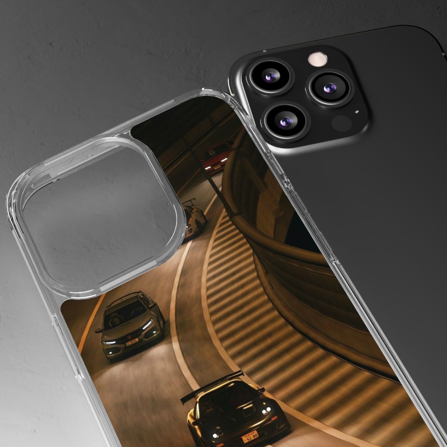 Racing Night Clear Phone Case – Sports Cars on Curved Highway