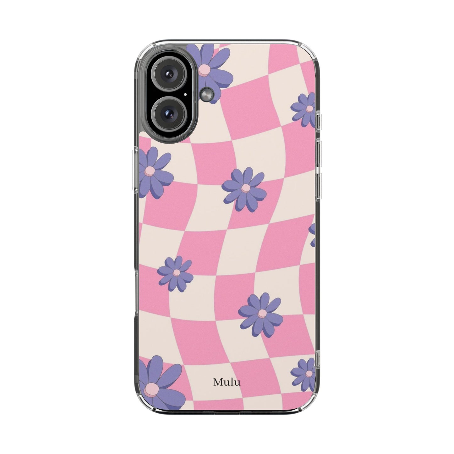 Clear Impact Phone Case — Pink Checkerboard with Purple Flowers