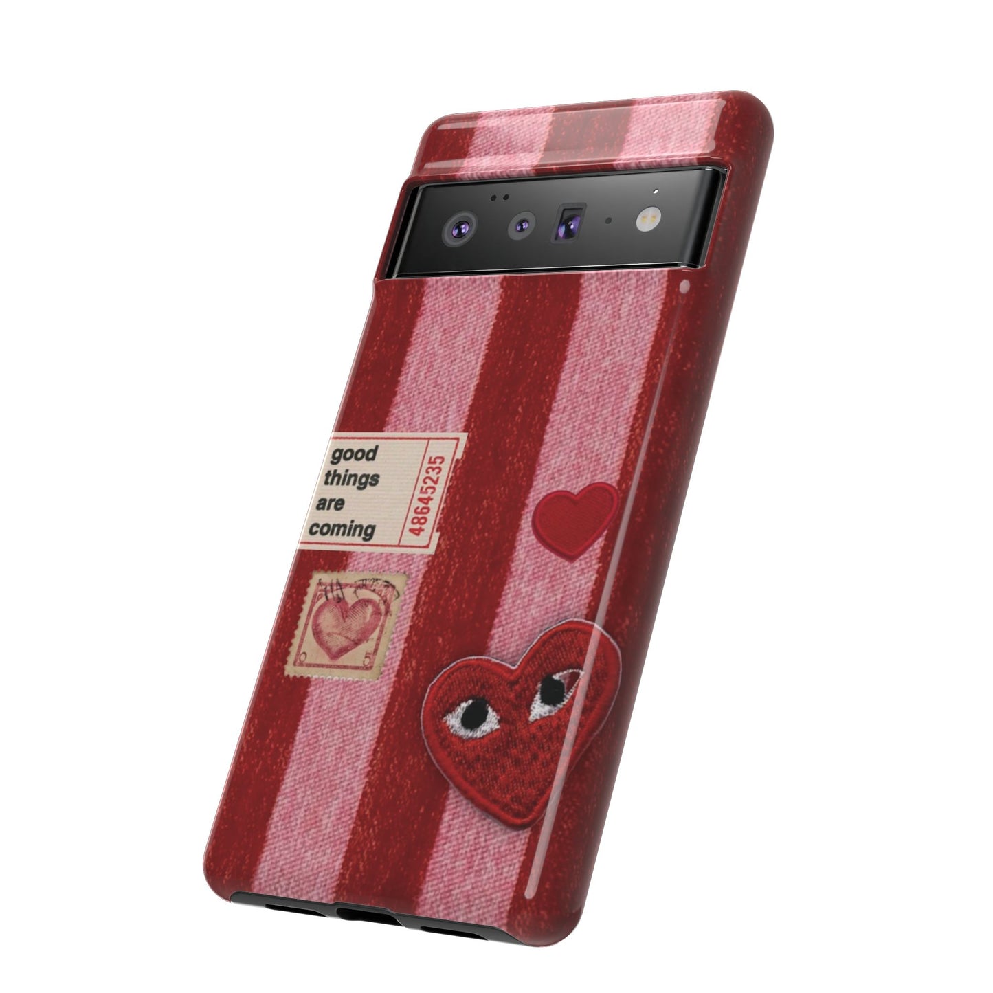 Phone Case — Red Striped Heart Design with “Good Things Are Coming”