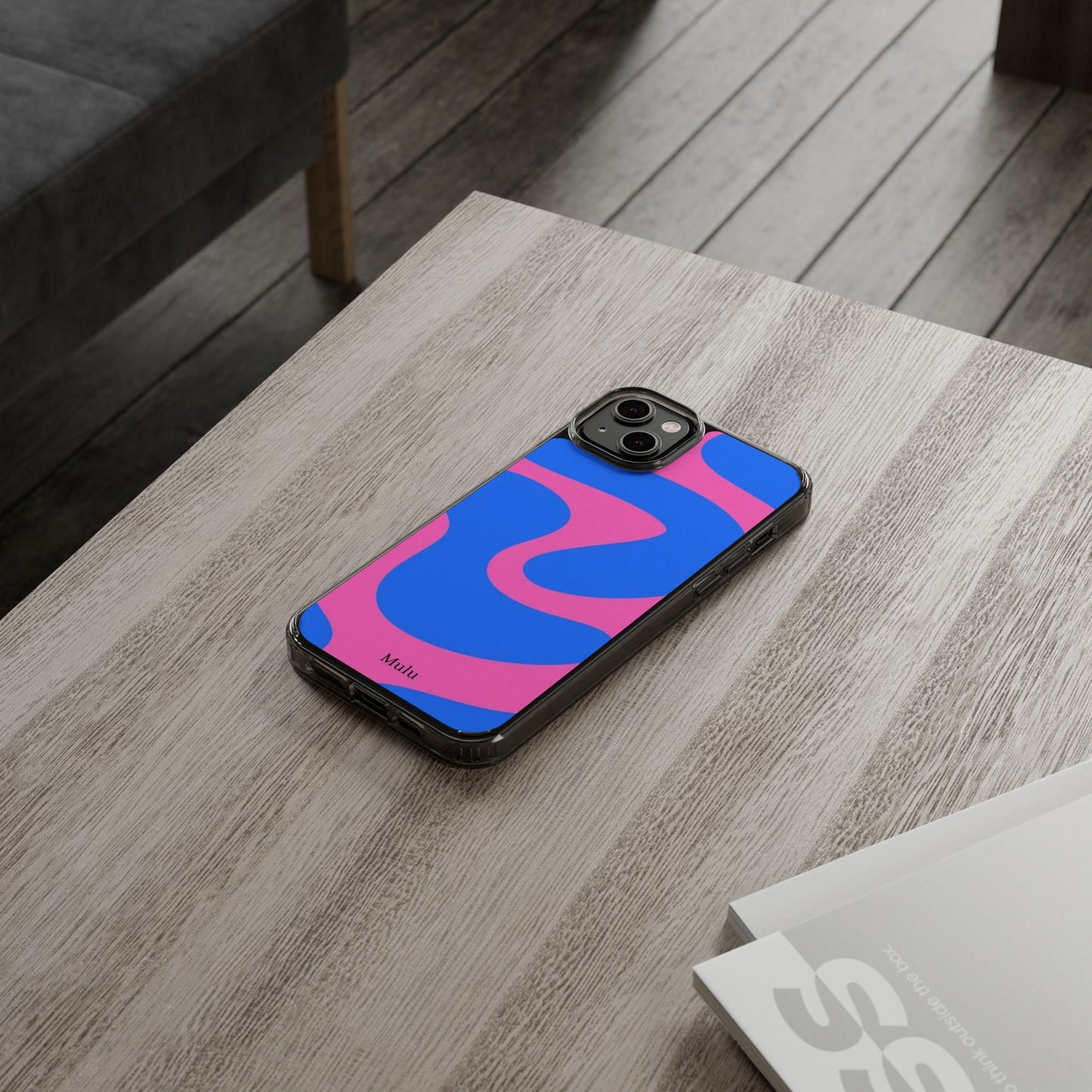 Clear Impact-Resistant Phone Case — Retro Blue & Pink Abstract Swirl