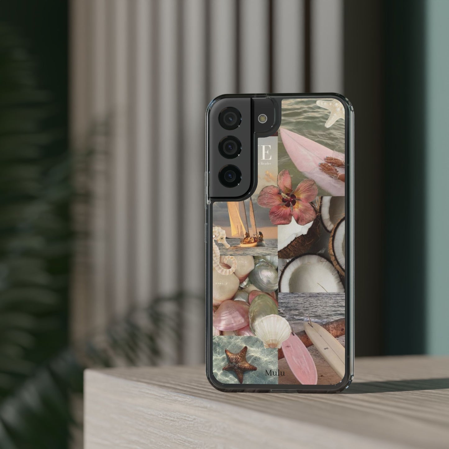 Clear Phone Case — Coastal Collage Shells & Surf Design