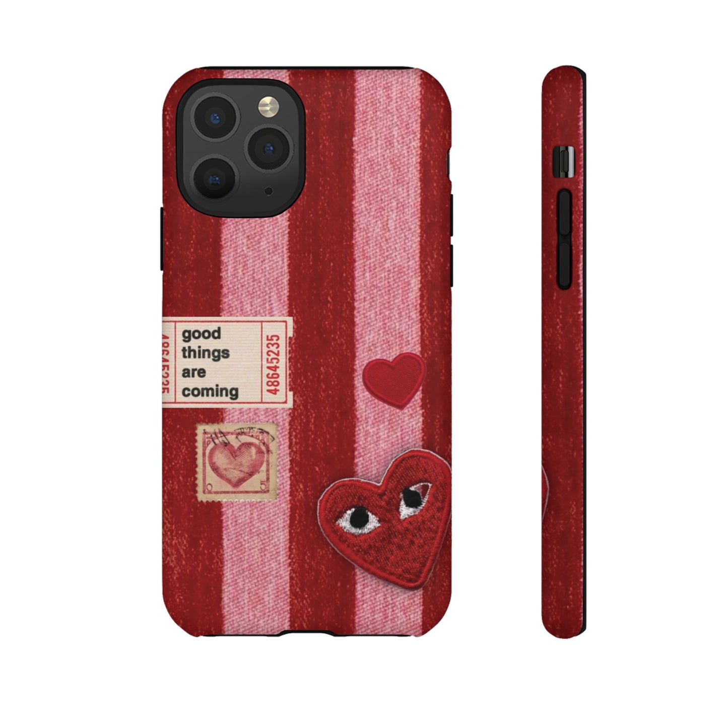 Phone Case — Red Striped Heart Design with “Good Things Are Coming”