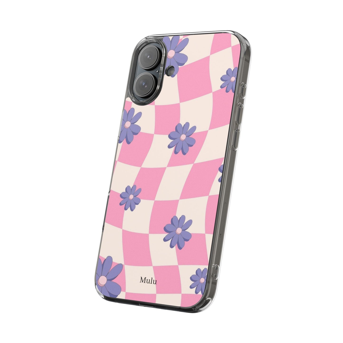 Clear Impact Phone Case — Pink Checkerboard with Purple Flowers
