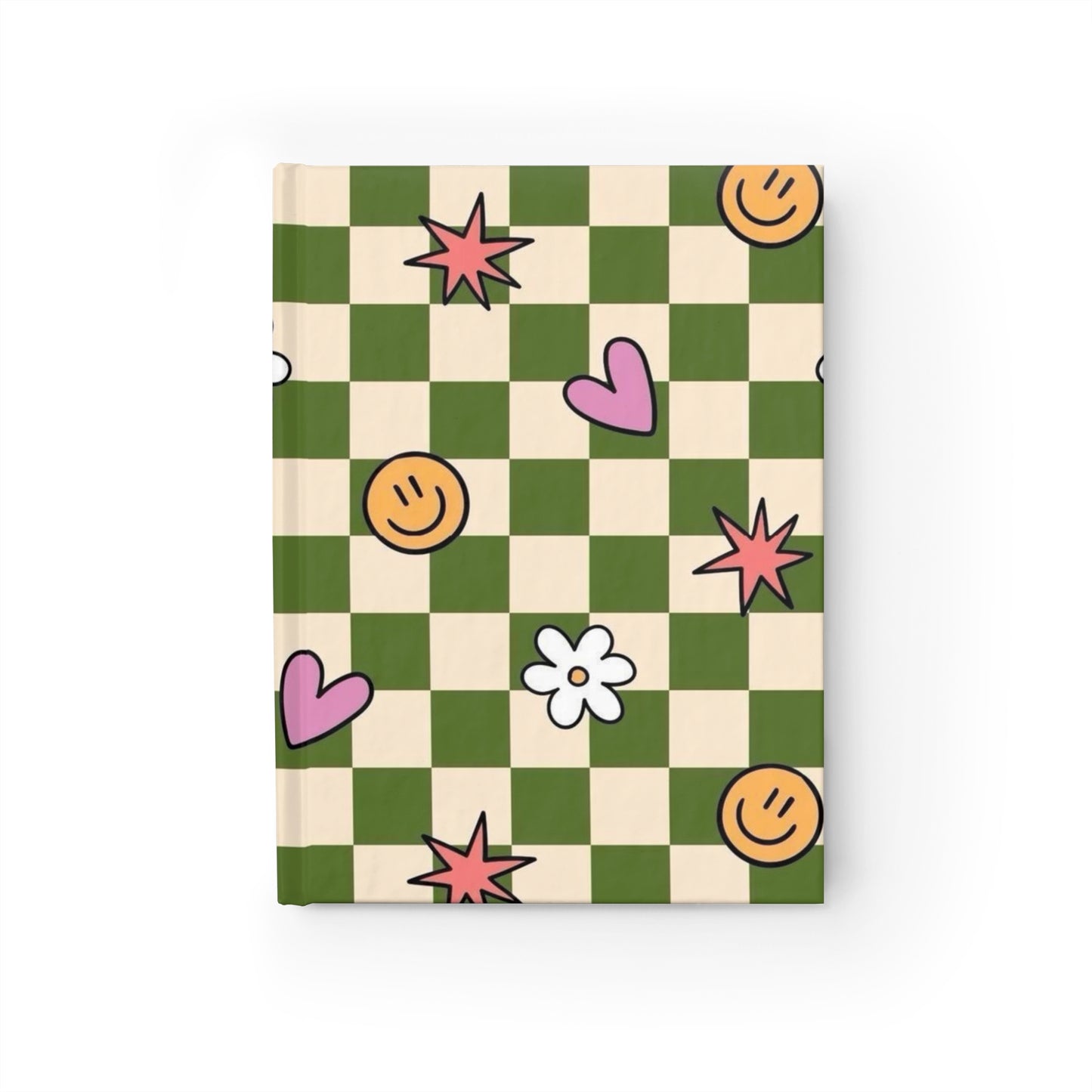 Checkerboard Doodles Ruled Journal — Green Plaid with Hearts, Smiley Faces & Flowers