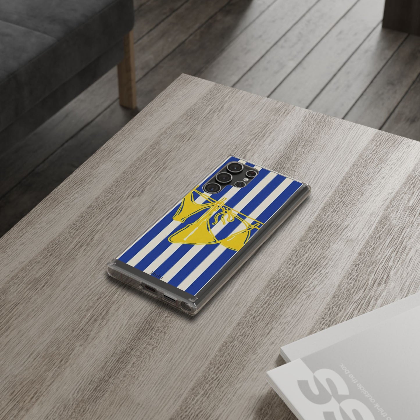 Striped Beach Bikini Phone Case — Yellow Swimwear on Blue & White Stripes, Clear Impact-Resistant