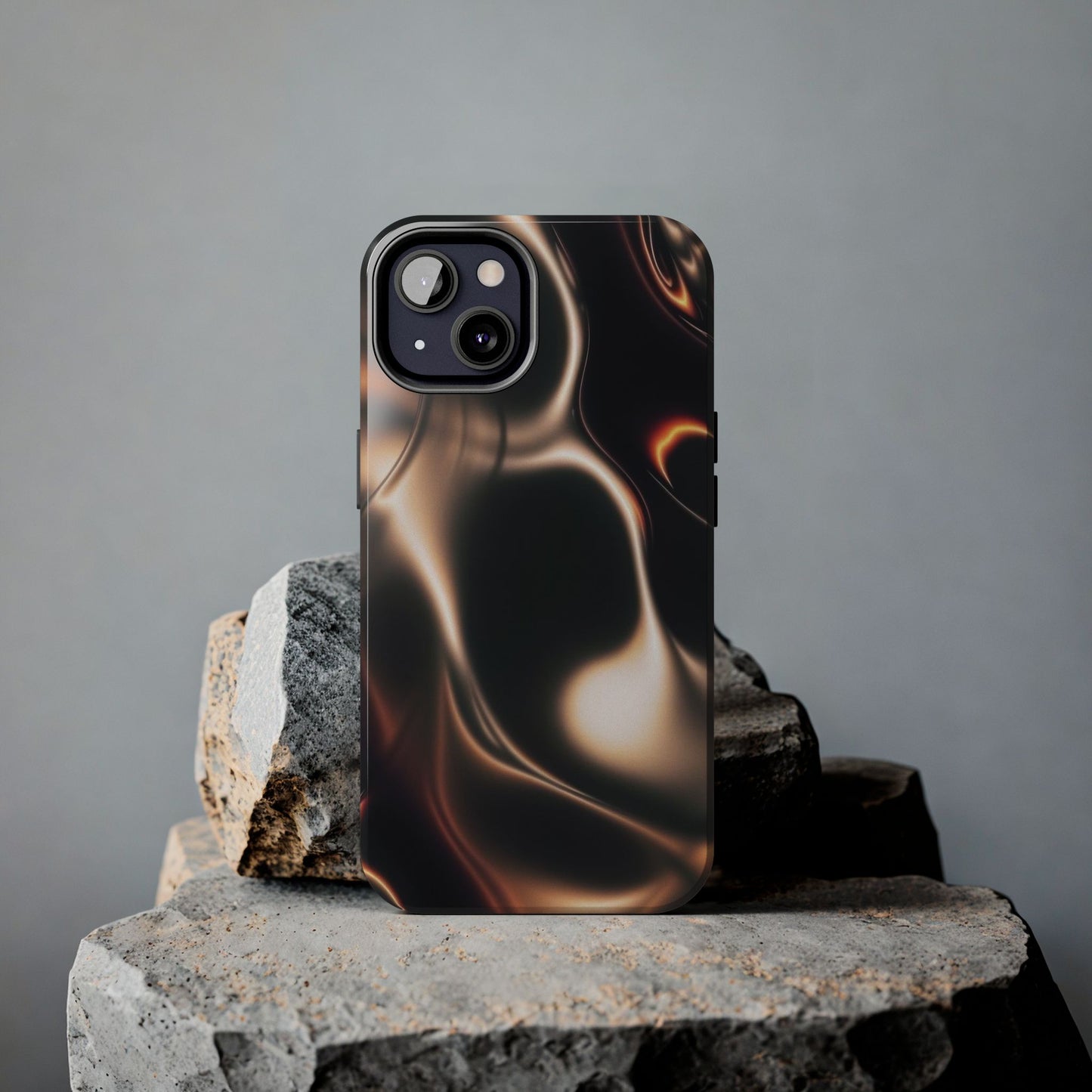 Abstract Liquid Glow Tough Phone Case — Black & Bronze Swirl Protective Cover