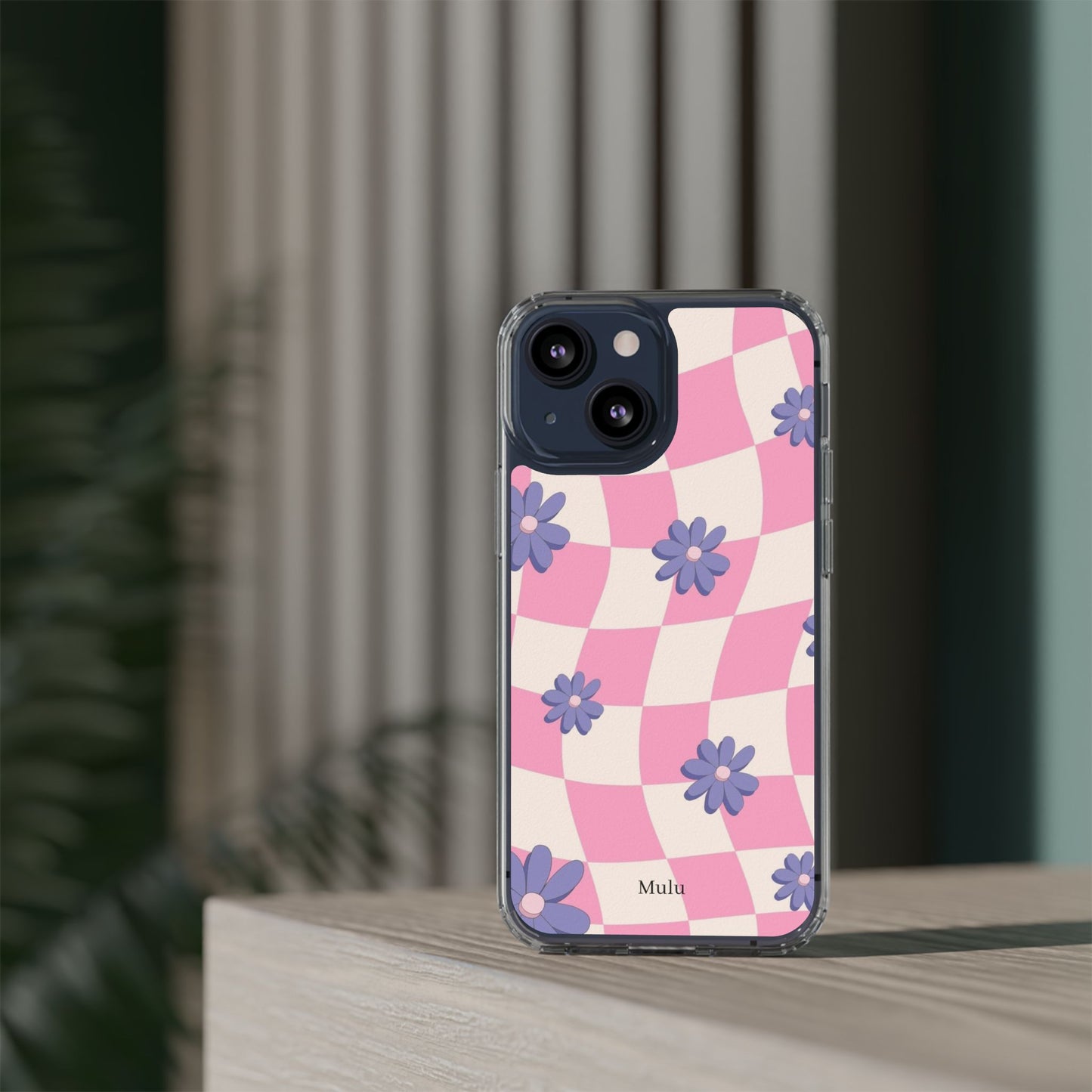 Clear Impact Phone Case — Pink Checkerboard with Purple Flowers