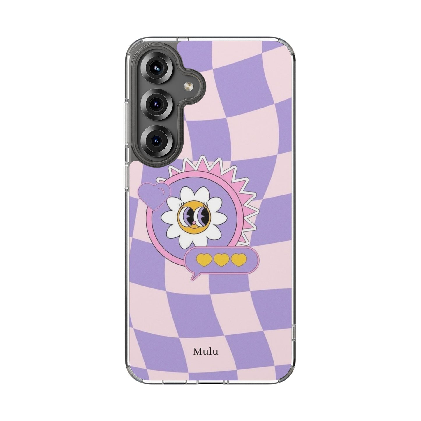 Clear Impact-Resistant Case — Cute Purple Checkerboard Dino with 'Mulu'