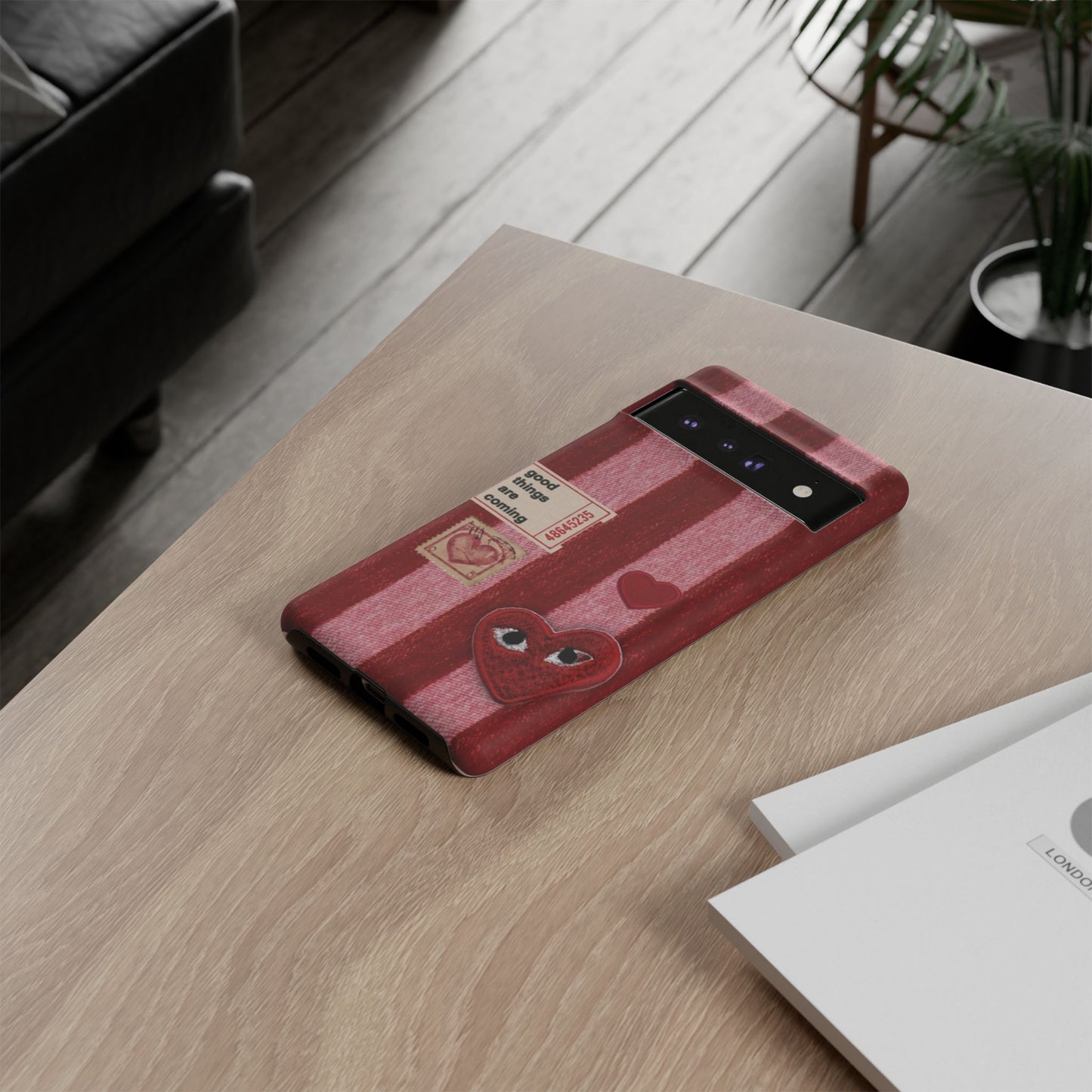 Phone Case — Red Striped Heart Design with “Good Things Are Coming”