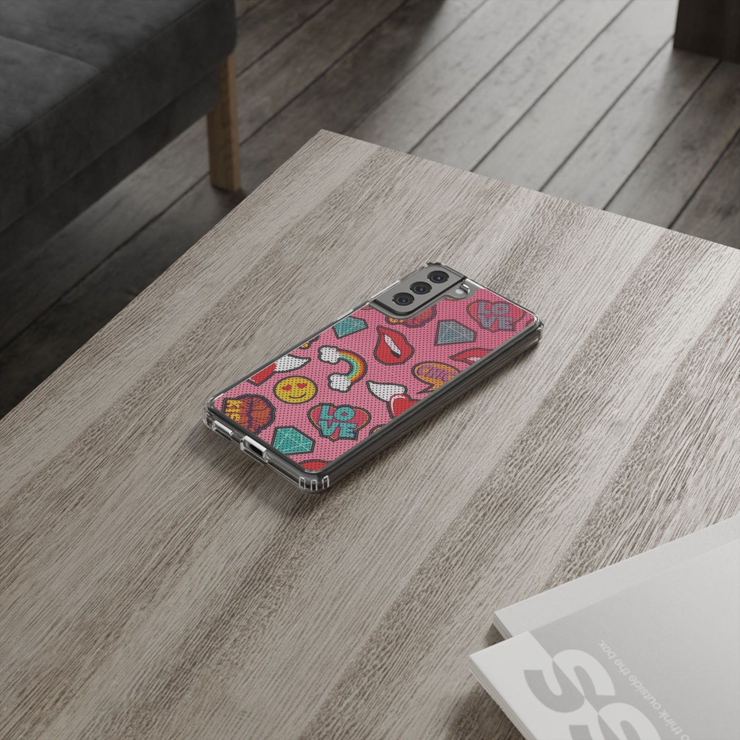 Clear Impact-Resistant Phone Case — Pink Pop Sticker Pattern (Hearts, Rainbows, Smileys)